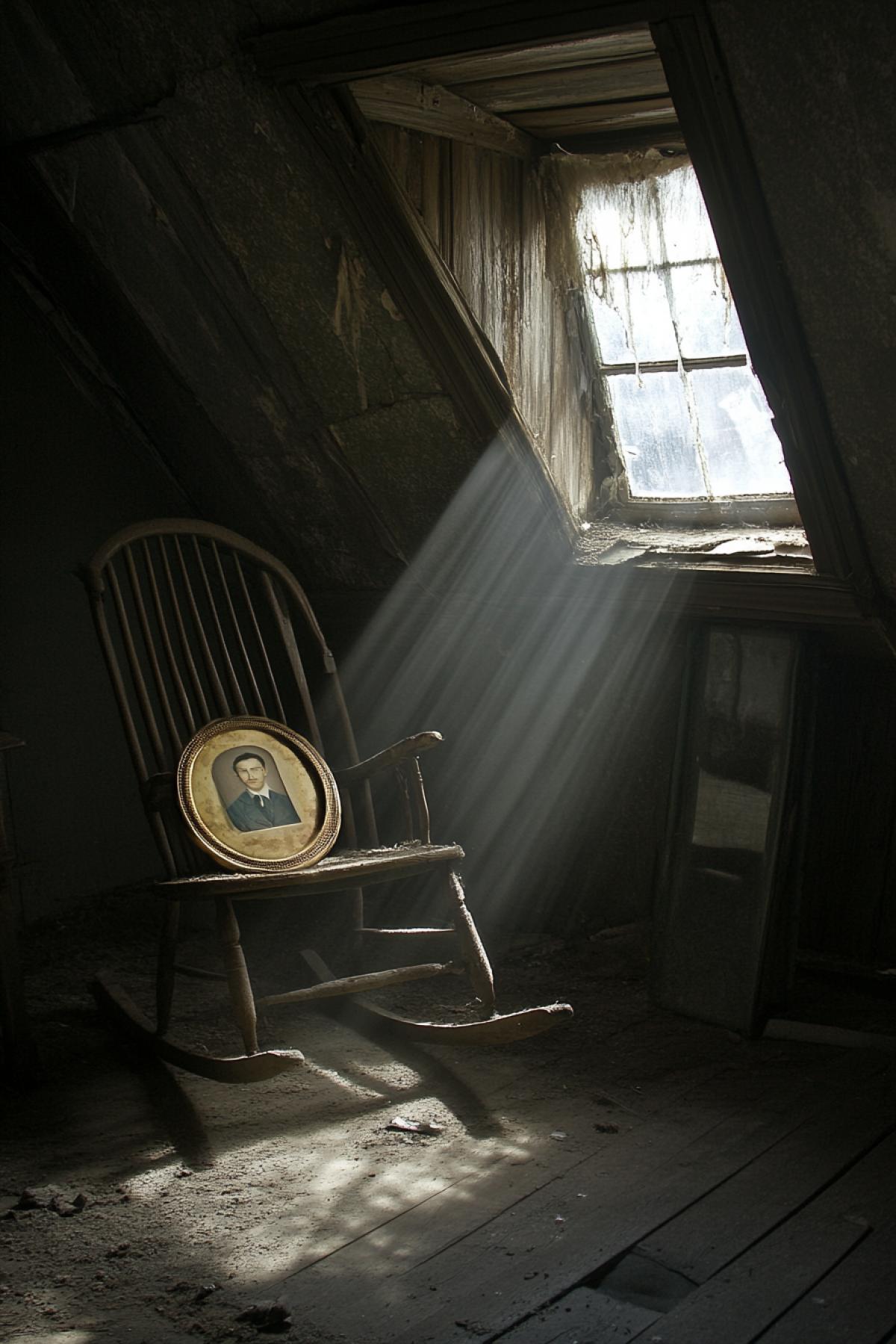 An old attic corner, where among the dust-covered things lies a yellowed letter and a medallion with a photograph. A beam of light from a small window illuminates the medallion, reflecting in it a faded portrait of a smiling man. In the background is a dilapidated rocking chair that moves slightly, creating a sense of presence, but elusive. An atmosphere of nostalgia and memory of the past.