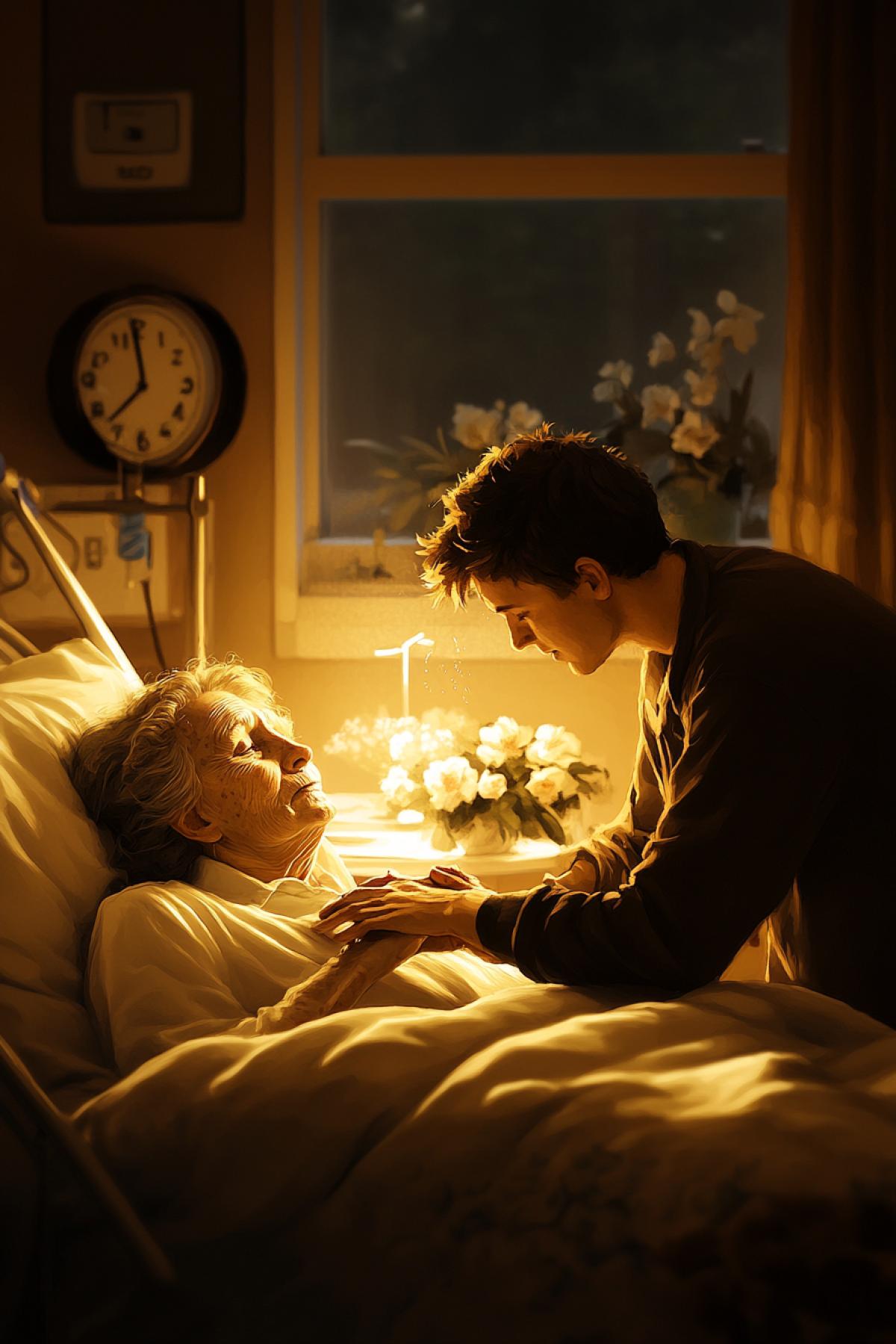 A hospital ward where an elderly woman lies on the bed, holding the hand of her 35 years old son, who is leaning towards her. Tears flow down his cheeks, and her eyes are full of peace and calm. Weak light from the window floods the room, illuminating the half-dried flowers on the nightstand. In the background there is a clock that shows time as if it has stopped. The atmosphere of bitter farewell and love overflowing with pain.
