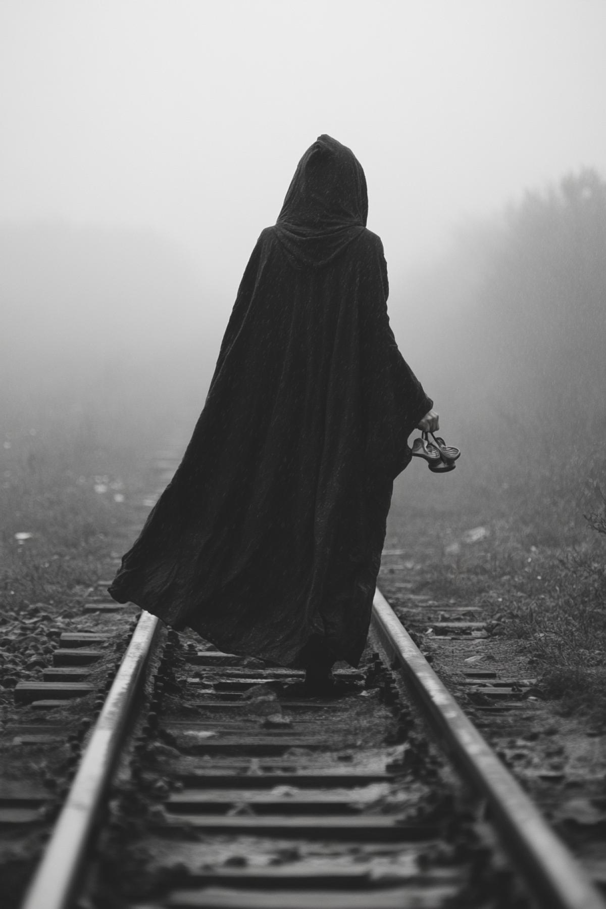 An abandoned railway track, along which a woman in a long cloak walks slowly, her face hidden by a hood. She carries tiny baby shoes in her hands. The wind blows small drops of rain aside, shrouding the scene in a sad mist. An atmosphere of deep despair, loss and the impossibility of going back.