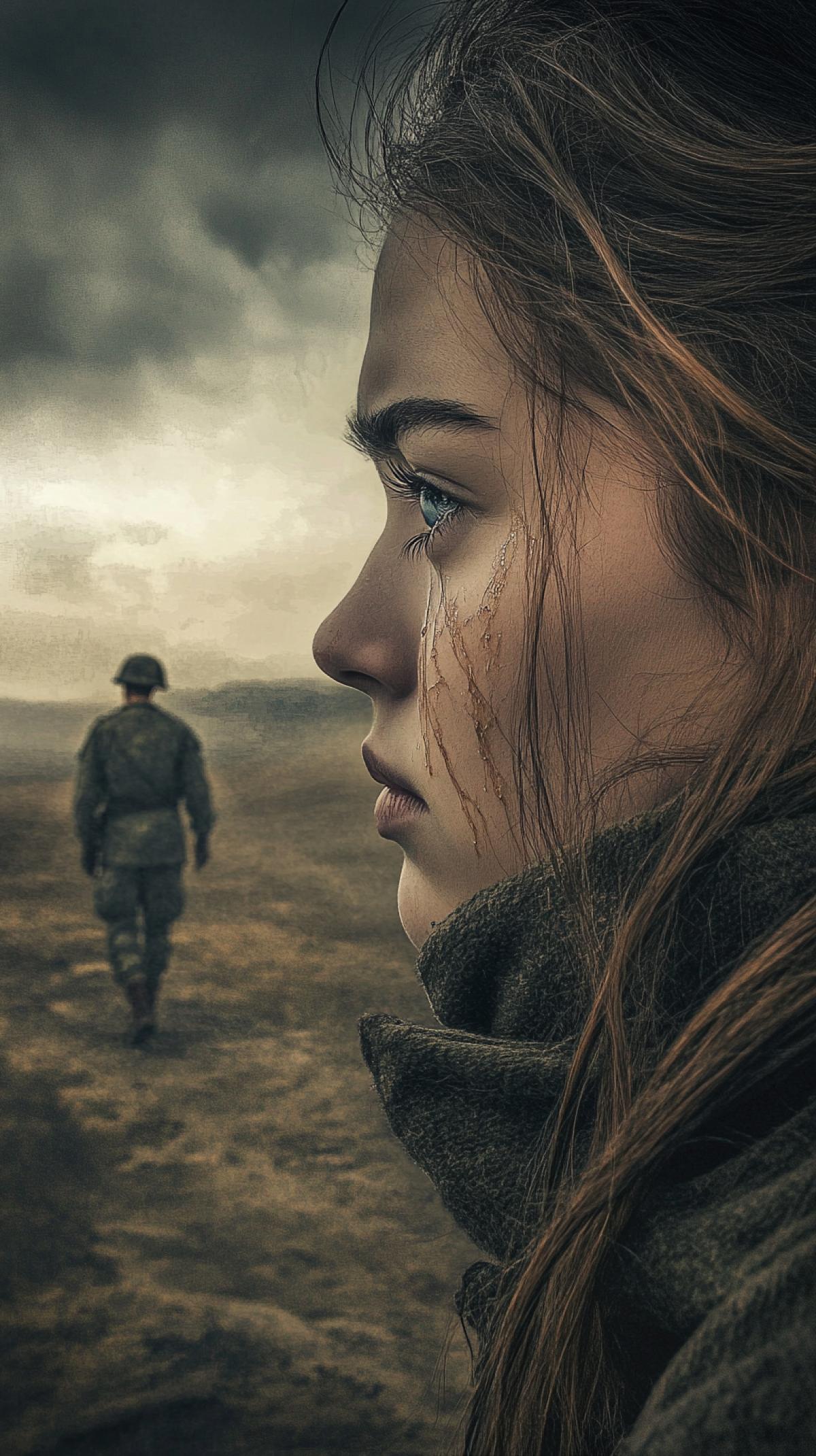 Draw a dramatic photo of a young woman mourning the separation from her beloved military husband.. He goes into the distance. Show her longing and despair in her eyes, tears running down her face. She must be fragile and vulnerable, but at the same time have inner strength and resilience. The background should convey loneliness and isolation, with grayish skies and a desert landscape. Symbols of military life, such as uniforms, medals or letters from the front, should be present to emphasize separation. The overall mood should be sad and touching, reflecting the deep sorrow of a woman who is forced to wait for the return of her beloved.
