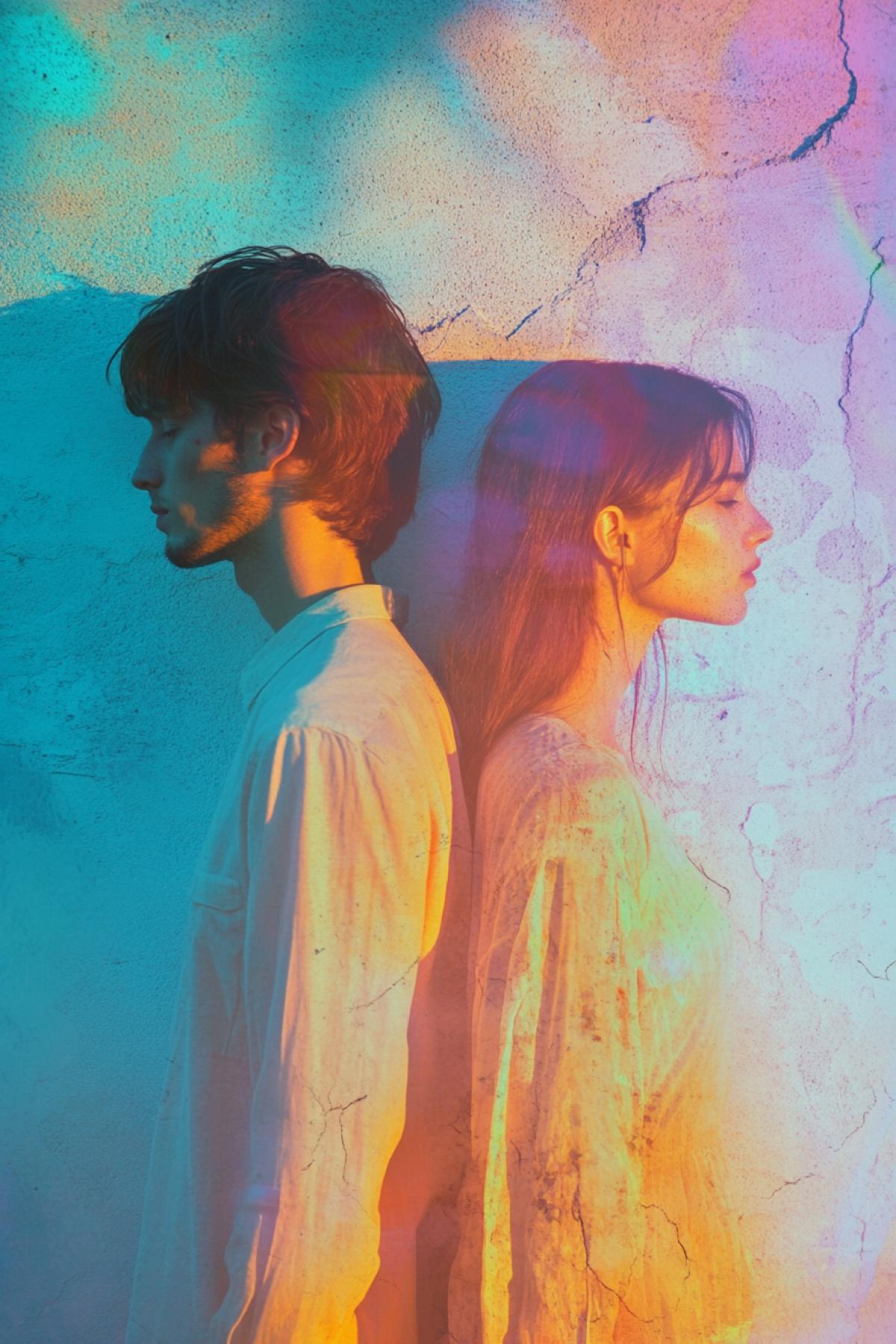 Two lovers have a wall between them, flickering, photoshop, separation, loneliness, delicate pastel colors
