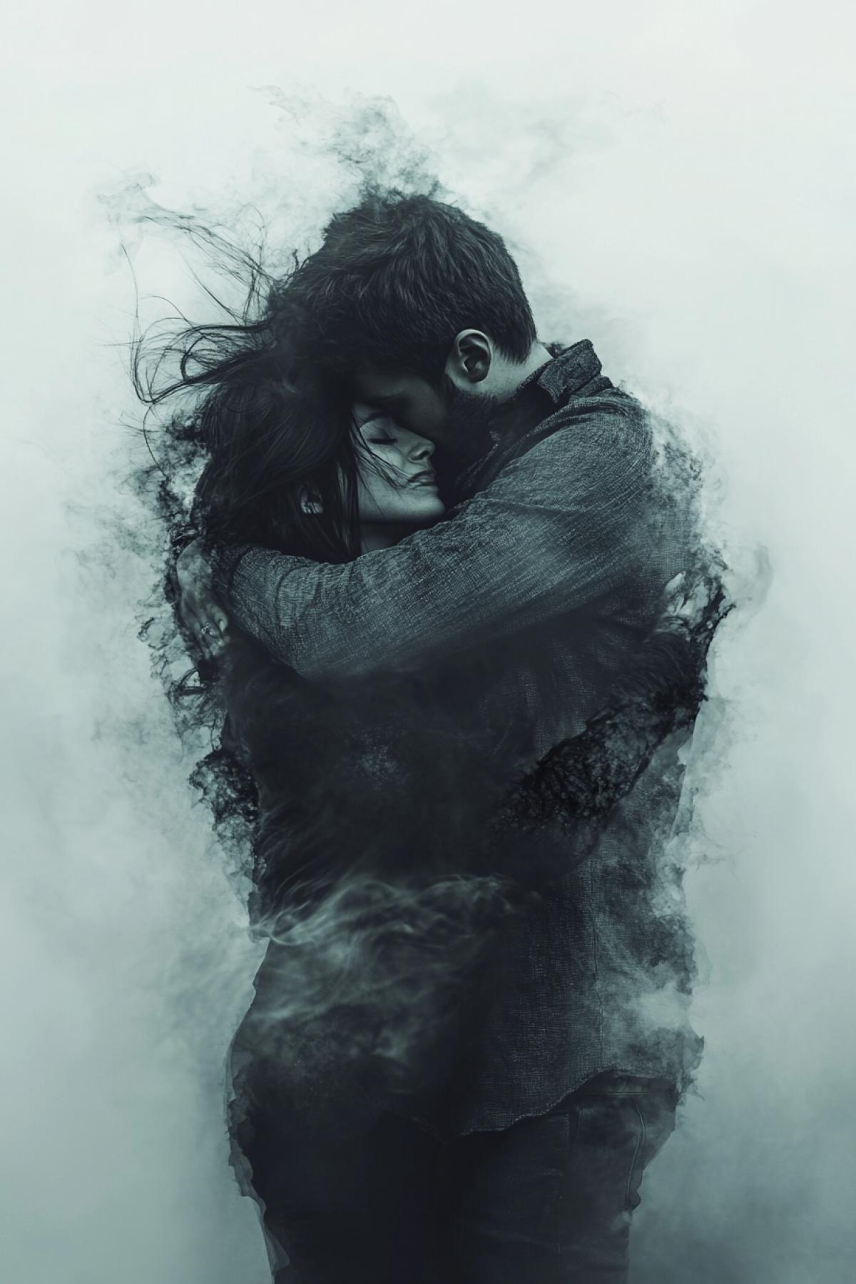 A guy hugs the air in the form of a girl, the air dissolves, flickering, realistic image, photoshop