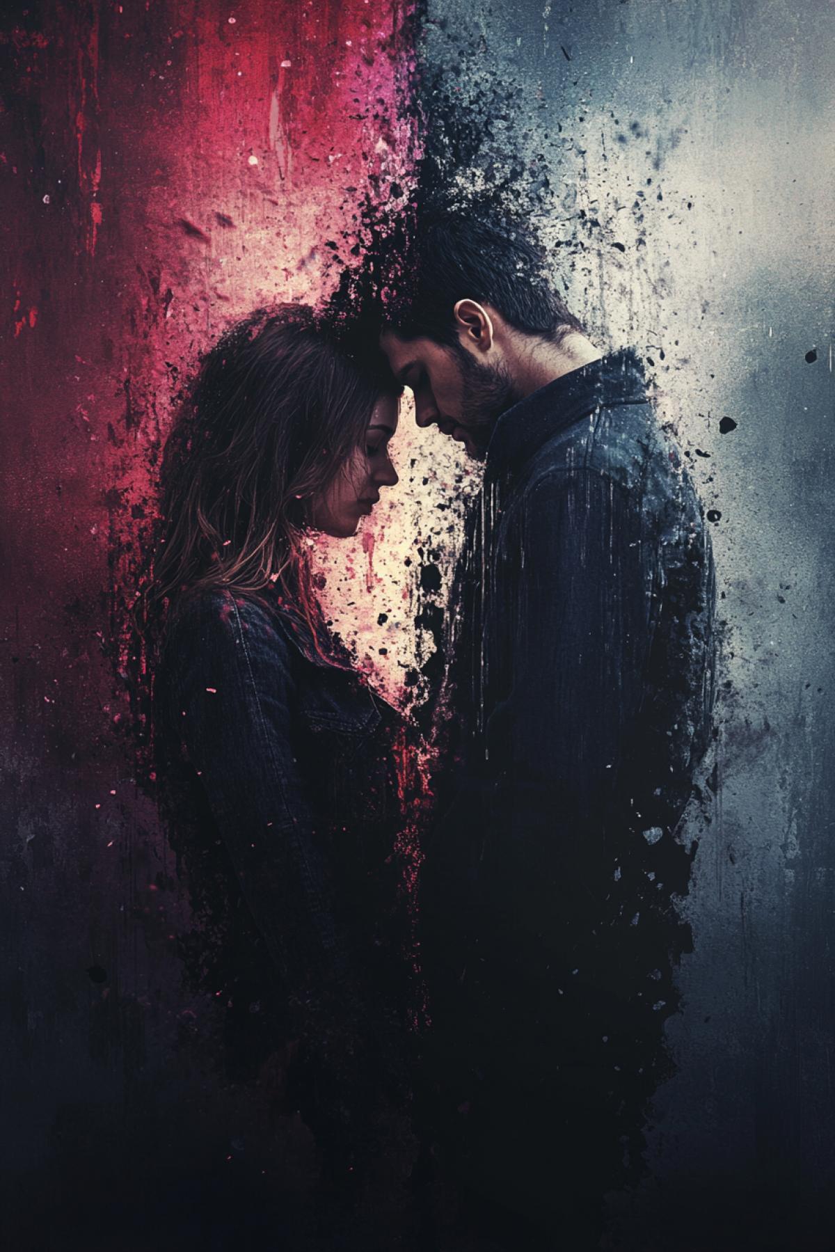 girl and guy break up, separation, image divided into 2 parts, 1 part dark depression, 2 part bright joy, flickering, realistic image, photoshop