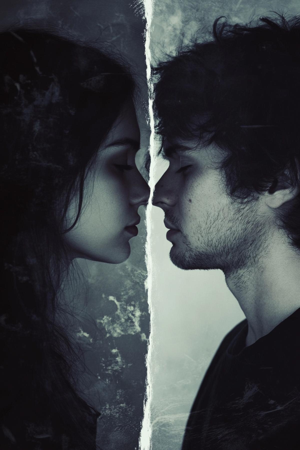 girl and guy break up, separation, image divided into 2 parts, 1 part dark depression, 2 part bright joy, flickering, realistic image, photoshop