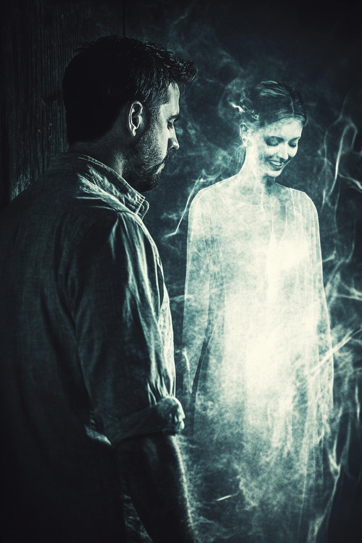 a man is upset from separation, depression, the ghost of a woman is joyful and happy in front of him, flickering, memories, , realistic image, photoshop