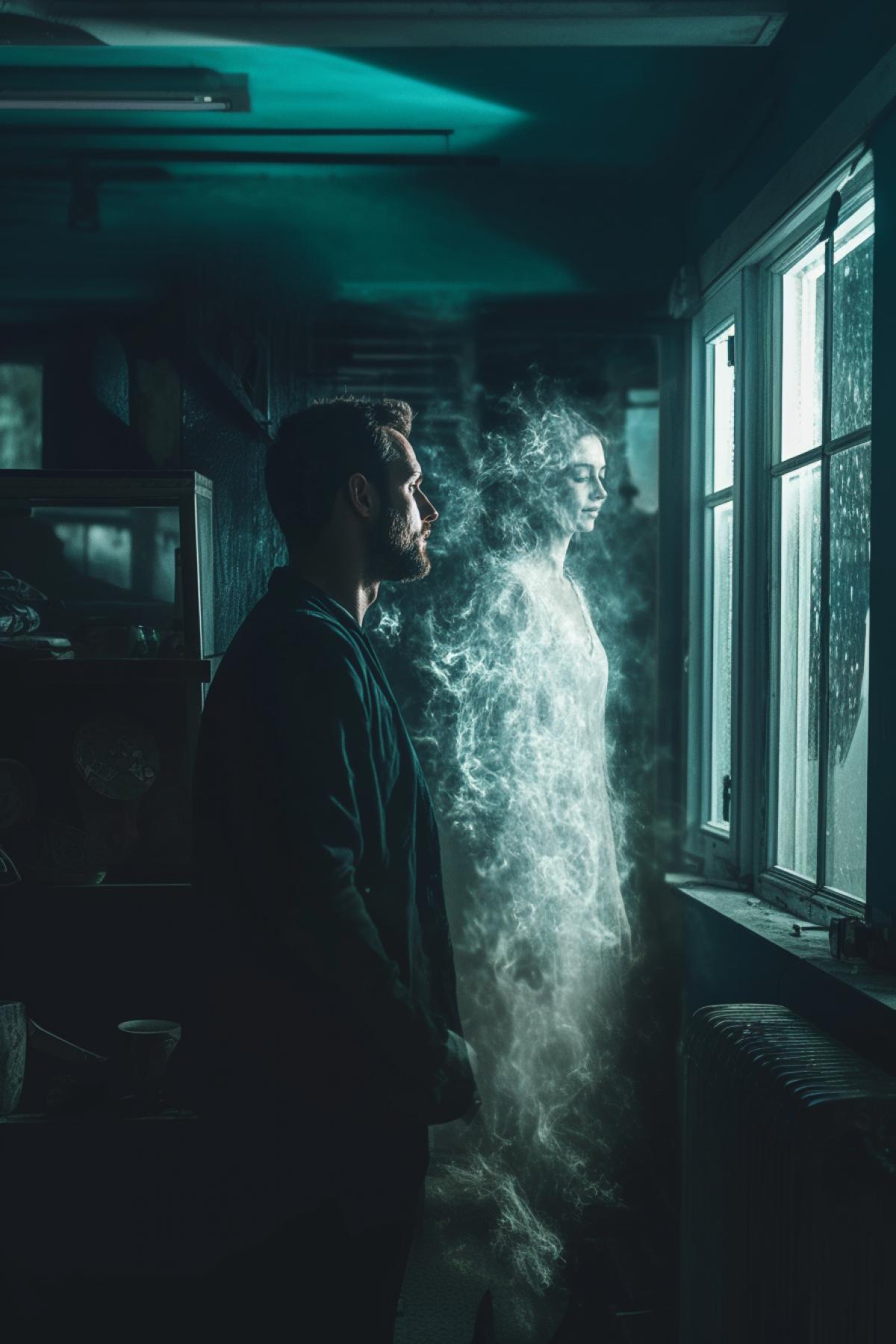 a man is upset from separation, depression, a ghost of a woman is standing in front of him, joyful and happy, flickering, memories in the form of stills from a film, , realistic image, photoshop
