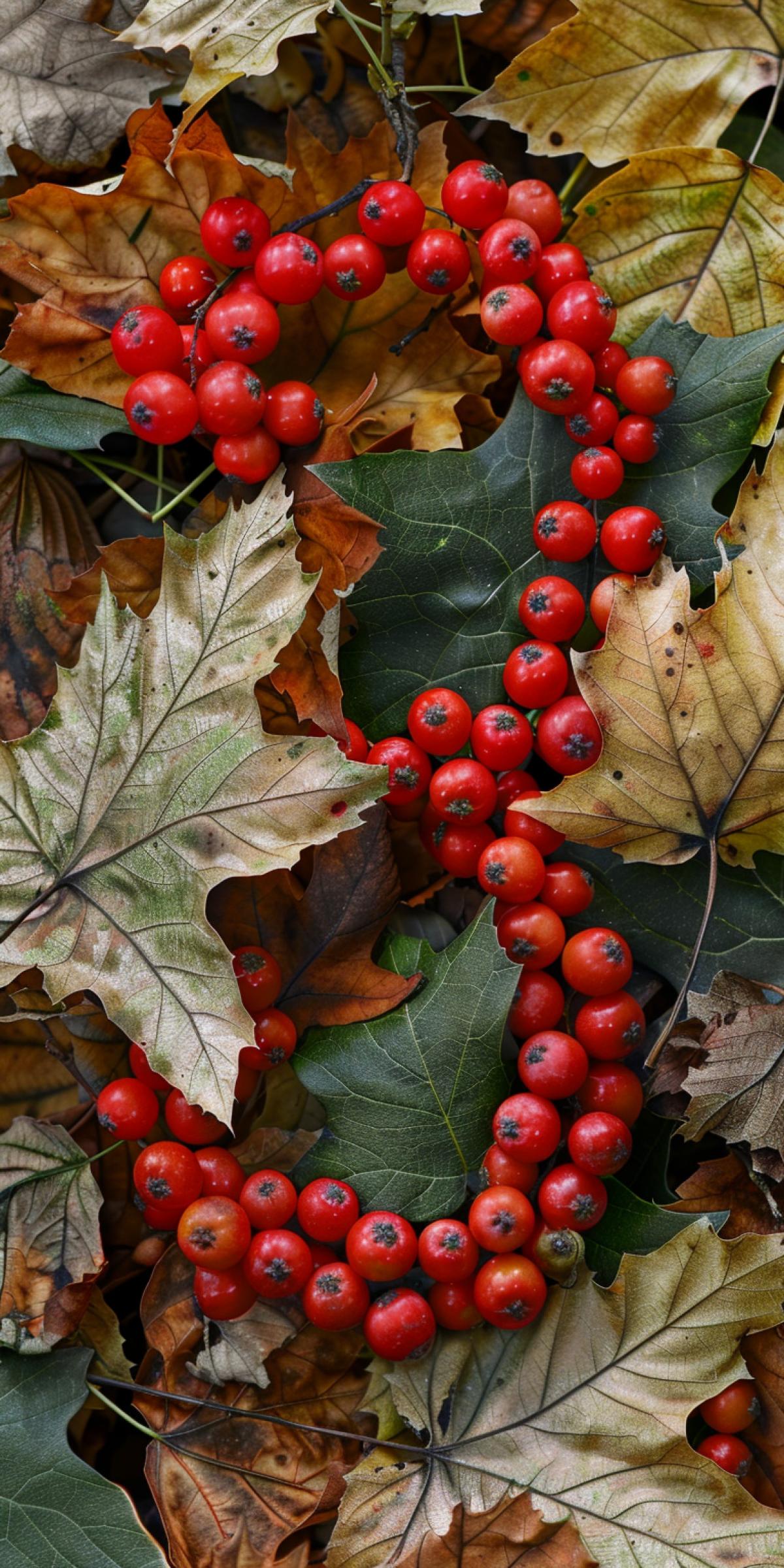 The number \"3\" lined with red rowan berries, against the background of autumn oak leaves