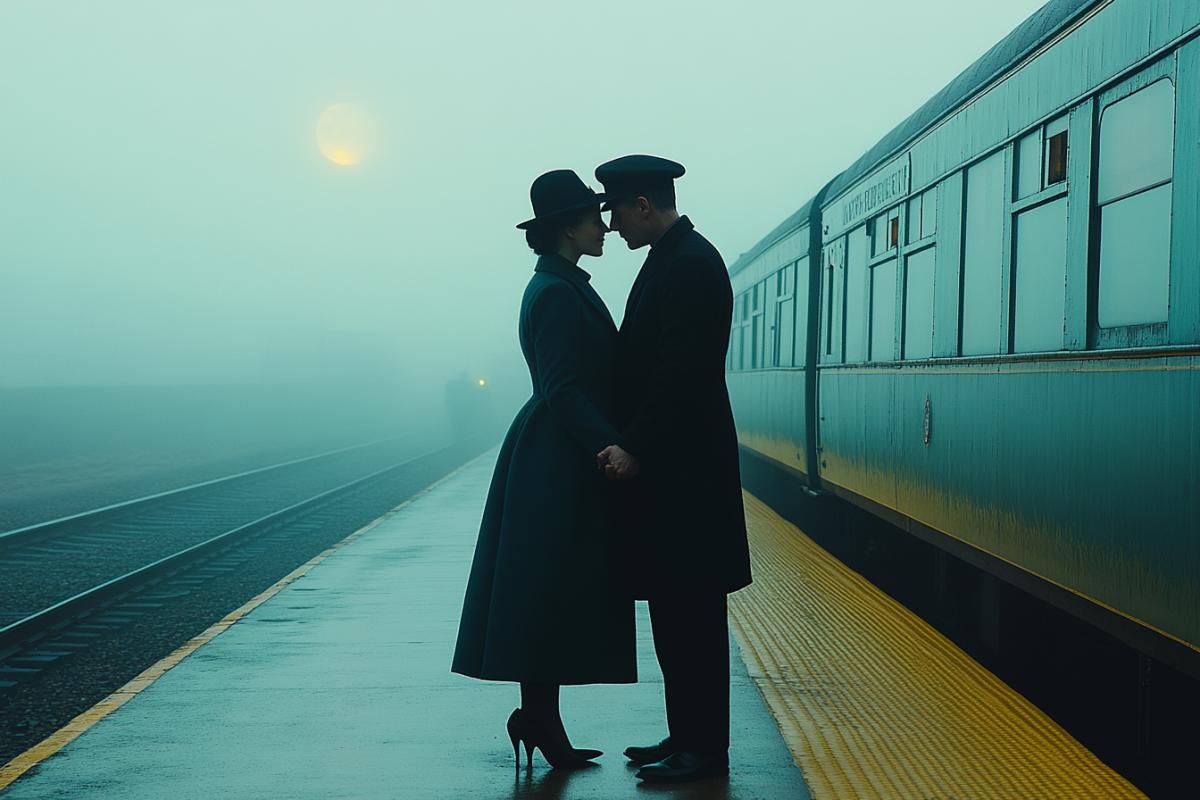 young lovers part on the platform, holding hands, next to a train carriage, late evening, moon in the sky, lilac fog, yellow lights of the carriage, the conductor looks at them