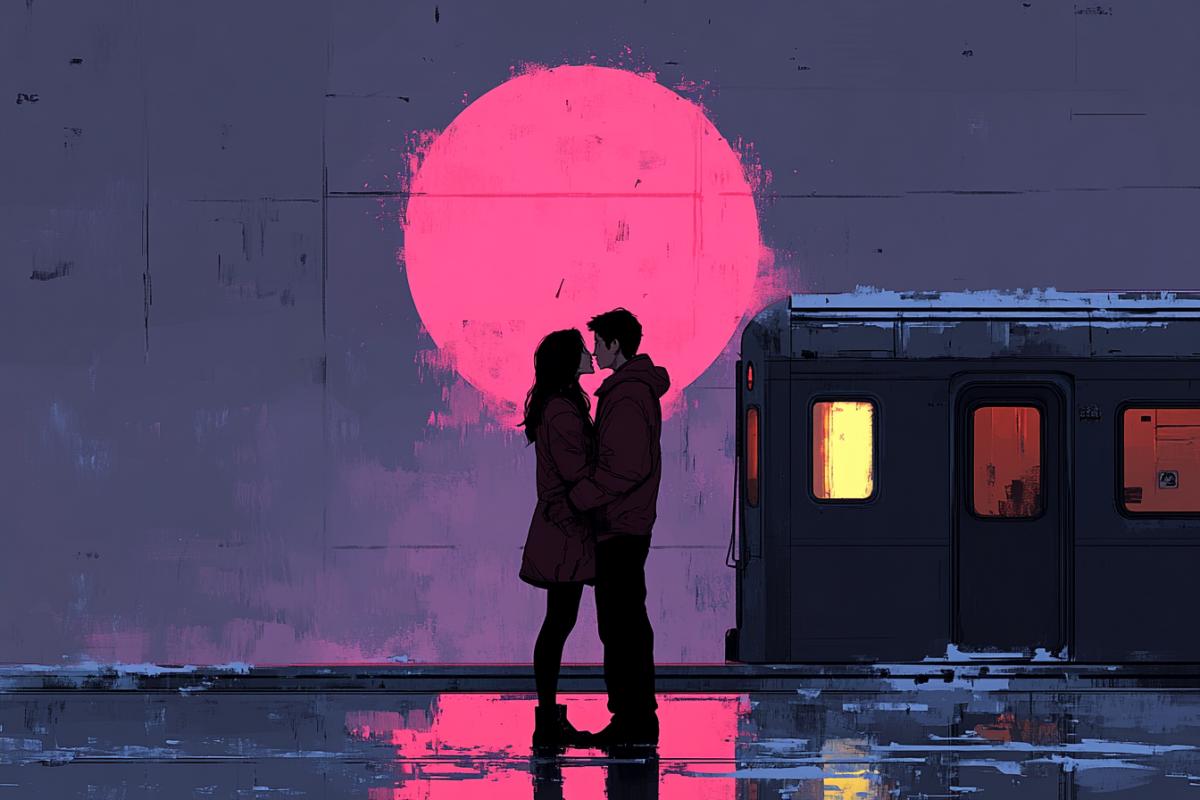 young lovers part on the platform, holding hands, next to a train carriage, late evening, moon in the sky, lilac fog, yellow lights of the carriage, the conductor looks at them