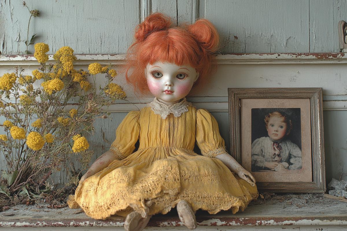 an old porcelain sad lonely doll in an antique dress sits on a vintage detailed of drawers next to a bouquet of dry plants and a dusty photograph in an old frame, an atmosphere of sadness, loneliness, vintage