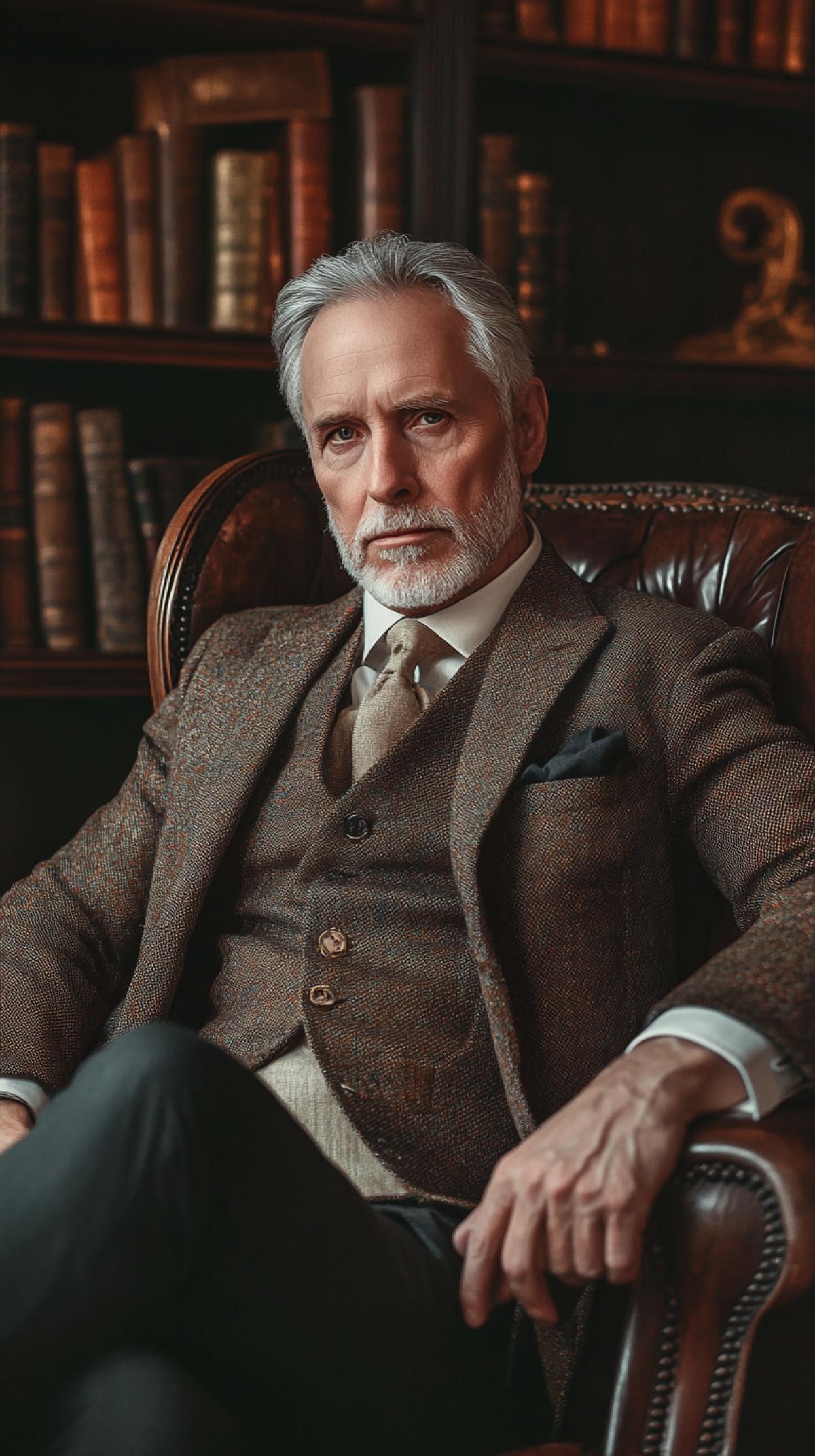take a photo of a handsome gray-haired elderly man, dressed expensively and in a beautiful setting, telling a story
