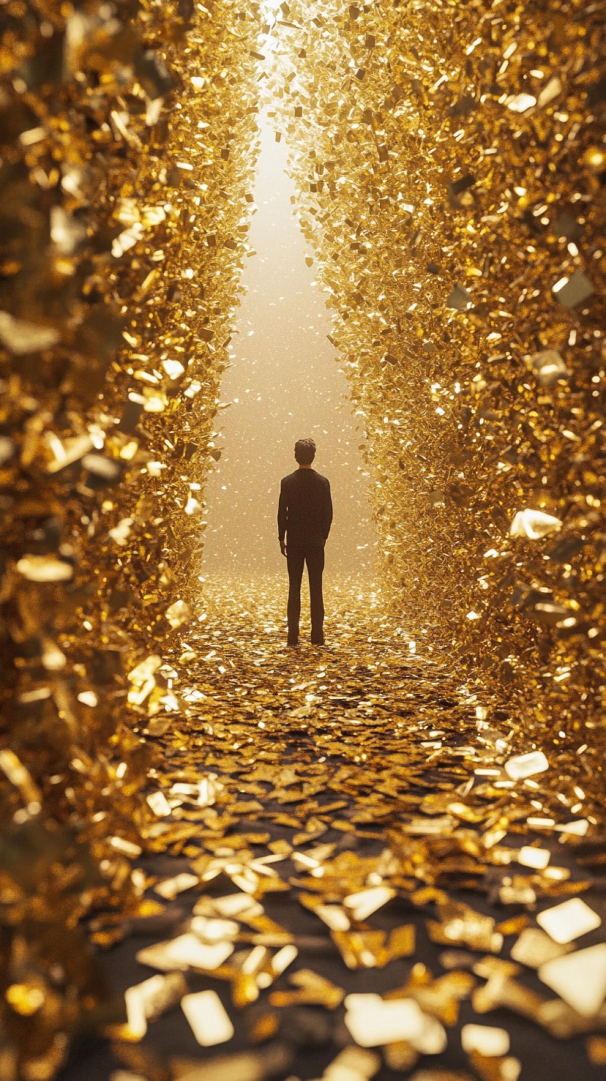 Golden masterpieces in large quantities surrounding a person
