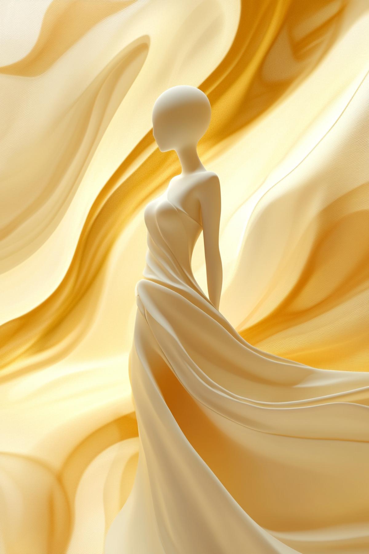 silhouette of a pale gold girl on a silk background, gold quantum, sophistication, asymmetry, dynamics, double com4k, 4d, pattern of golden swirls, fine fabric, cosmic bodies, detailing, high resolution, 64k, digital vector graphics, minimalism, side fractal white glaze, gold metal, porcelain, white with gold inclusions ball and spiral hanging in the air, background yellow gradient, surrealism, futurism, high detail