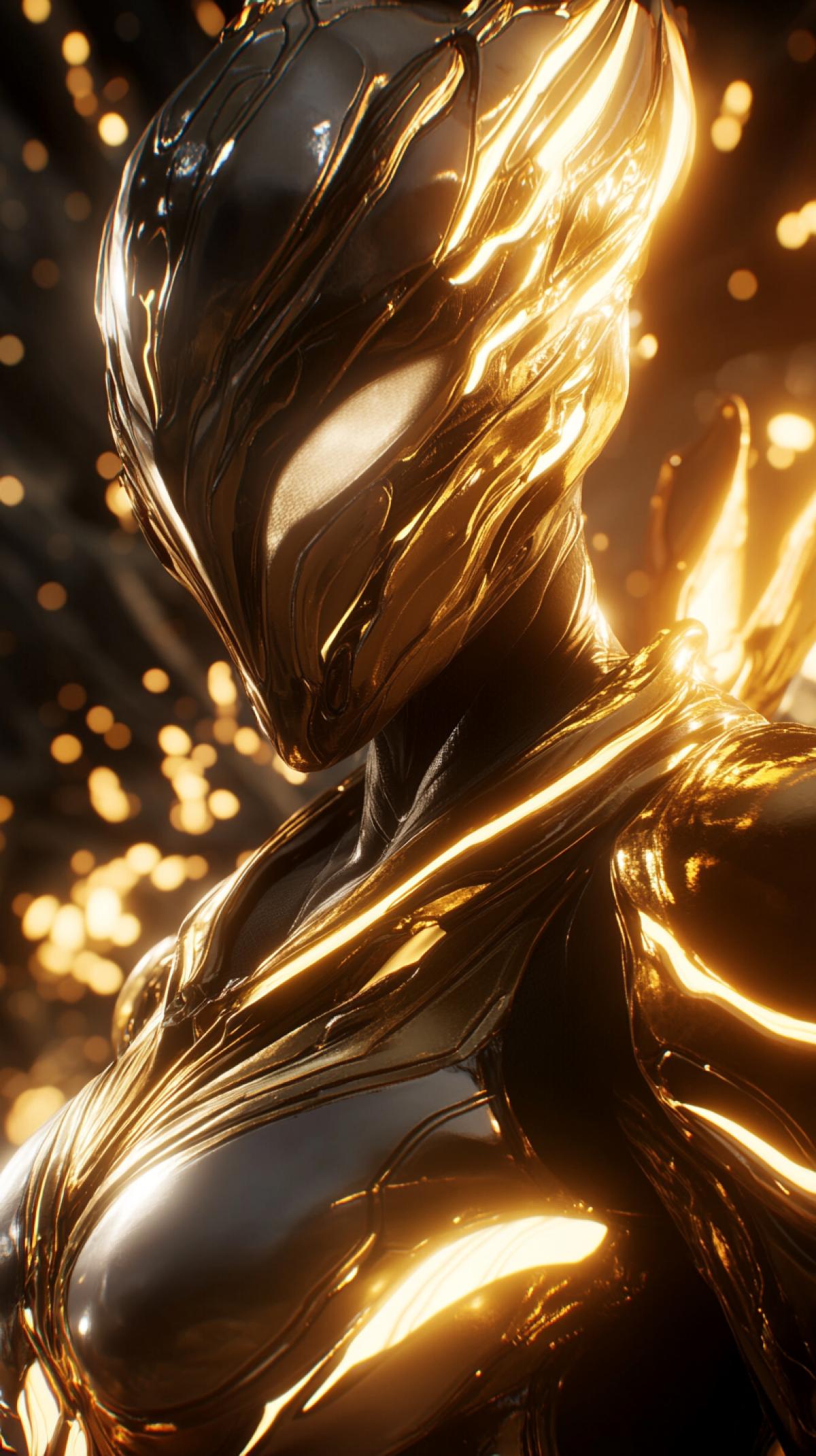 Close up of human angel beautiful saryn warframe wearing light armor golden light like sun goddess from secret netflix image but armor covers her face glowing wings elven golden highlights cosmic glow hyperdetail