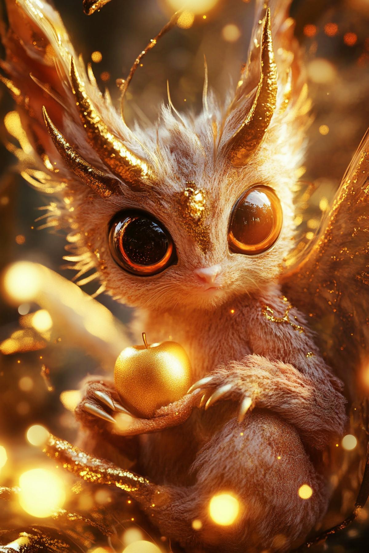 A fantastic creature that resembles a mythical, very cute dragon or a magical animal. It has large, shiny eyes, golden fur with pink hues and patterns on its and face. The creature has two curved golden small horns, and holds golden apples in its paws, golden claws, surrounded by glowing golden particles or sparks, giving the impression of magic or sorcery. The overall atmosphere of the image is soft and warm, using soft lighting and bokeh to give it a welcoming and cozy look.