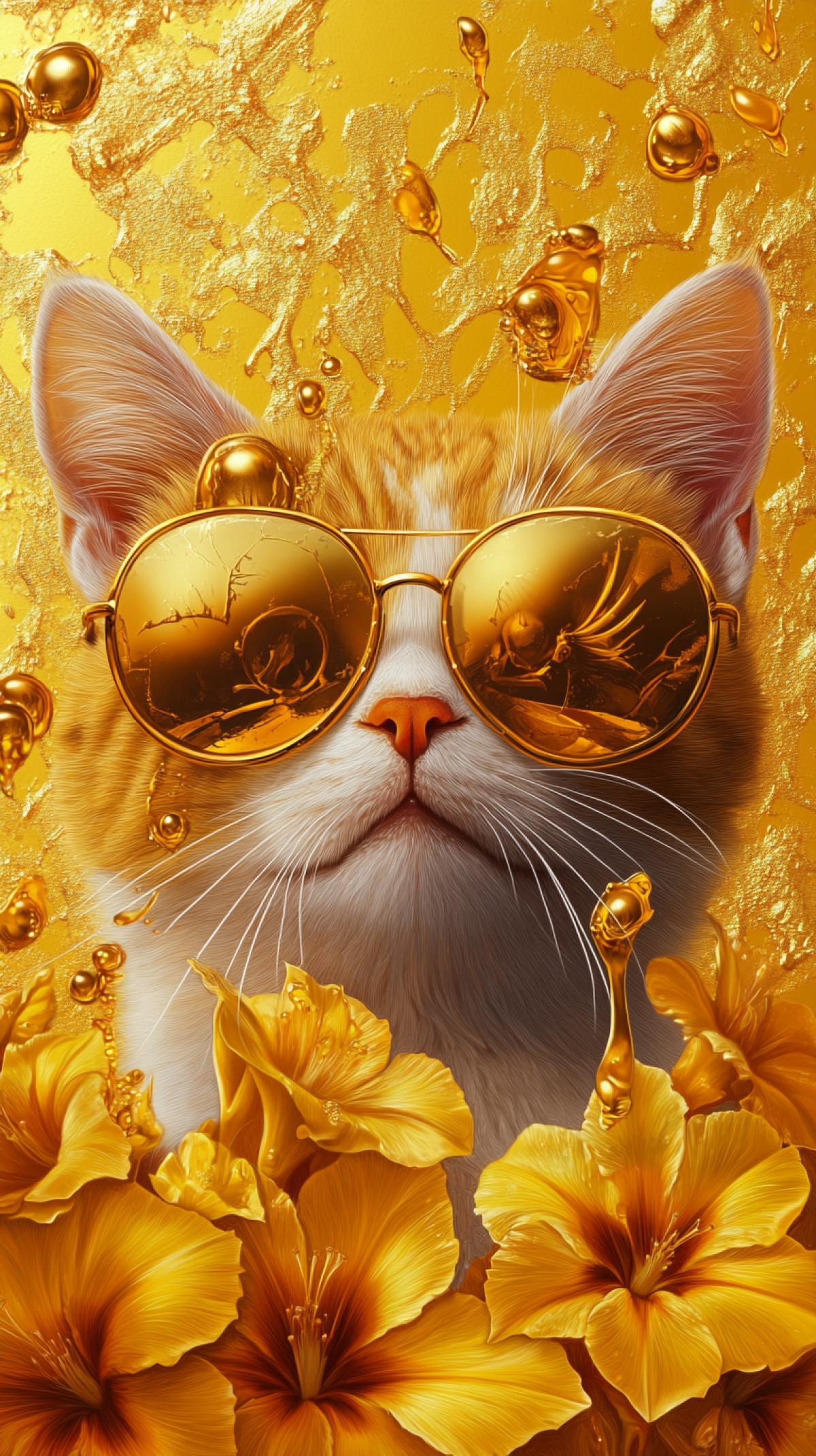 Splash, golden cat in platinum glasses in golden morning glory flowers, painting, pixabay winner, flower storm portrait, high contrast hyperrealism 8k, drips, gold paint splashes, gold leaf, digital art. highly detailed, highly realistic, flowers on cheeks, ultra-realistic, sfw, sakimi, jet art