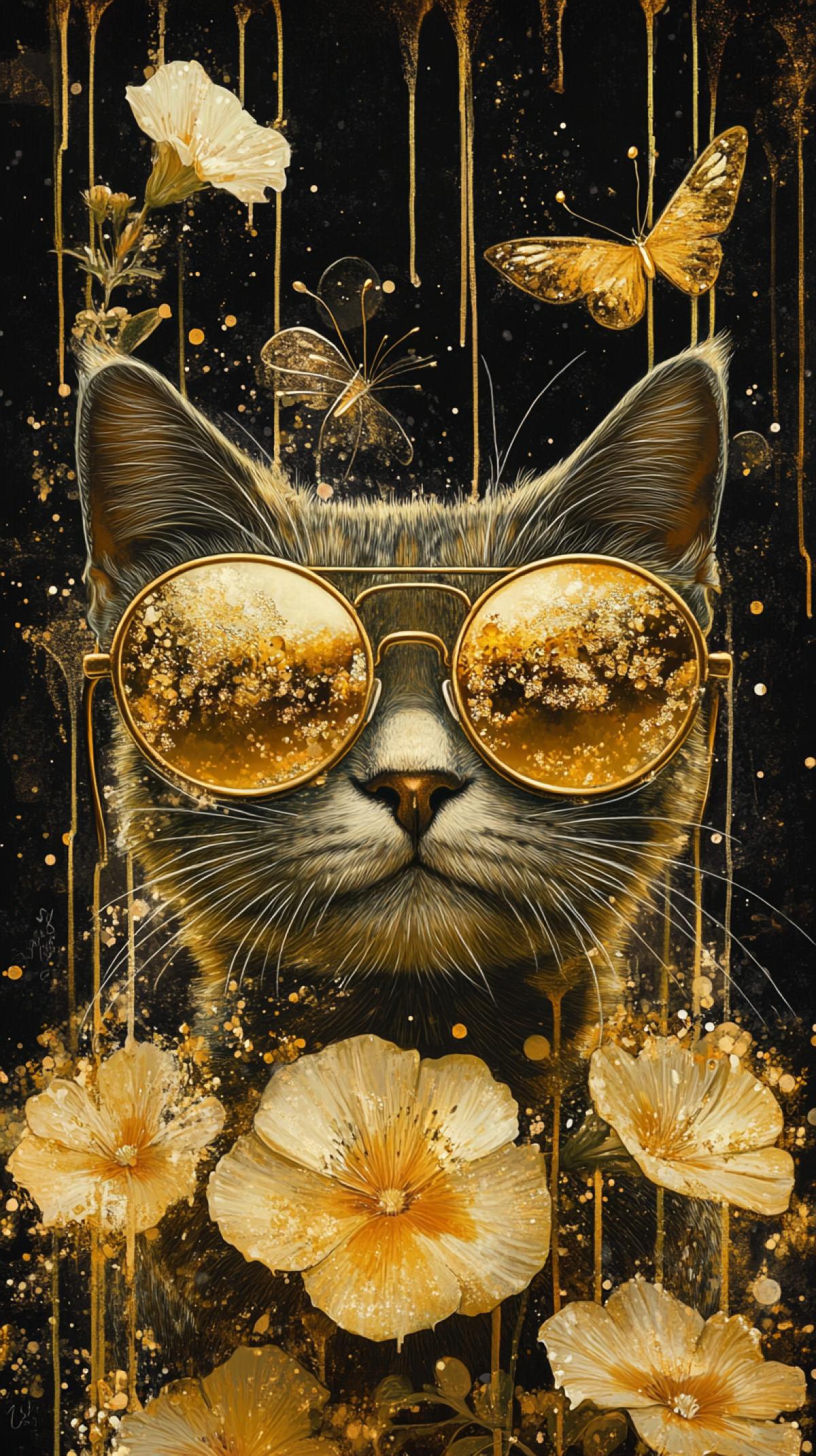 Splash, golden cat in platinum glasses in golden morning glory flowers, painting, pixabay winner, flower storm portrait, high contrast hyperrealism 8k, drips, gold paint splashes, gold leaf, digital art. highly detailed, highly realistic, flowers on cheeks, ultra-realistic, sfw, sakimi, jet art