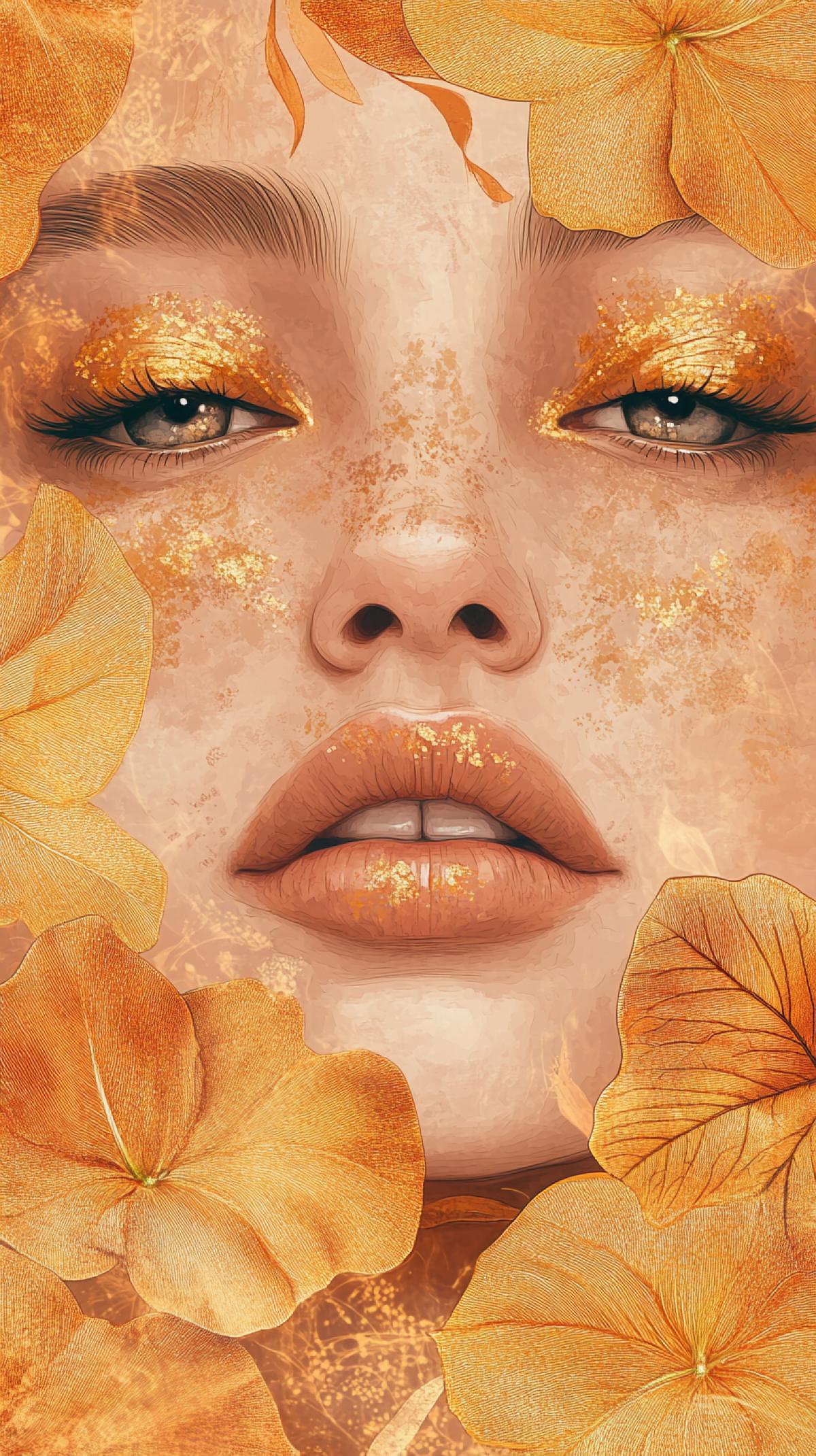 Golden nasturtium, color pattern, watercolor, ink, drawing of all surfaces, photo portrait, photorealism, face of a beauty, even tone, golden shine of powder on cheekbones, golden contour of lips, eyeliner of detailed eyes with gold leaf, digital-art, vector graphics, many details, gentle luxuriousity, from gold and crystal, intricate details, bohemian, elegant, aesthetic, lineout, realistic, high quality, concept, fractal graphics, light botanical, professional, filigree, golden smoke, hyperrealism, illustration, smart HDR, 5