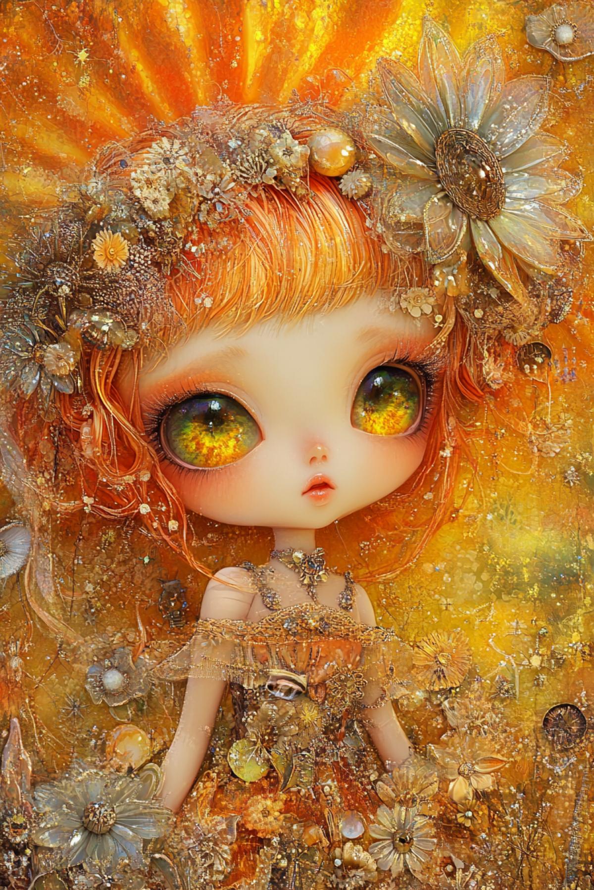 Create a visual harmony of solar phenomena such as sunspots, solar flares and coronal mass ejections, in a celestial ordetailedral arrangement performed by celestial and solar Chibi Blythe, texture, collage, ceramic, ink color style, Comic book, cartoon, intricate details, sharp focus, 3d, double exposure, high resolution