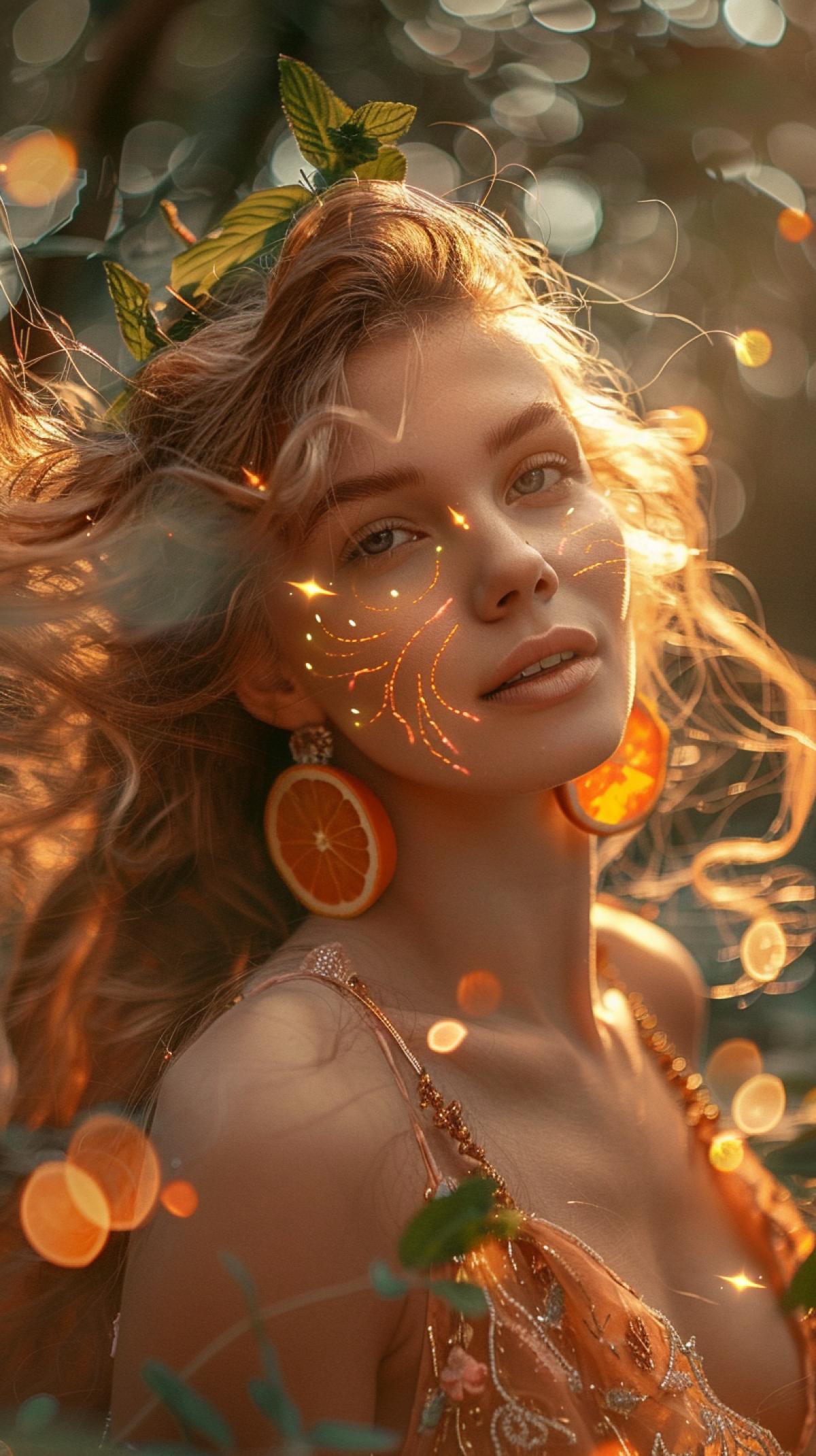 Beautiful gentle elf, wavy hair flies up, fireflies glow in her curls, a tunic dress made of orange slices, mint leaves is blowing in the wind, bokeh, massive gold earrings in the form of orange halves, soft warm light from below, super-realistic photo, high detail, style raw