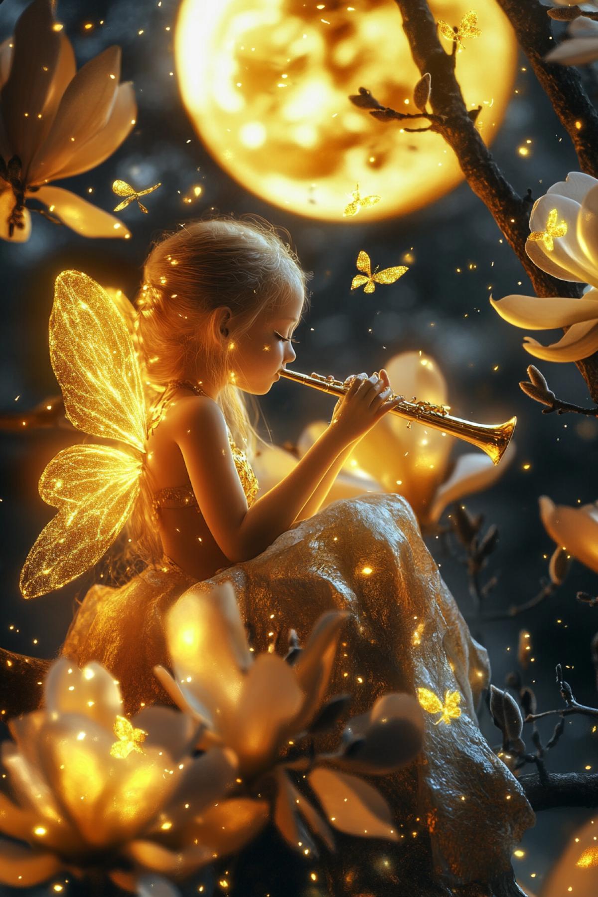 group of glowing golden magnolia flowers with a very small golden fairy sitting in it playing a golden flute, full golden moon in the background, fireflies hovering around, digital art, hyperrealistic beautiful photo, golden pollen, stunning beauty, golden magnolias, golden moon, gold leaf beautiful details, surrealism, magic, stunning background, amazing beauty, professional photography