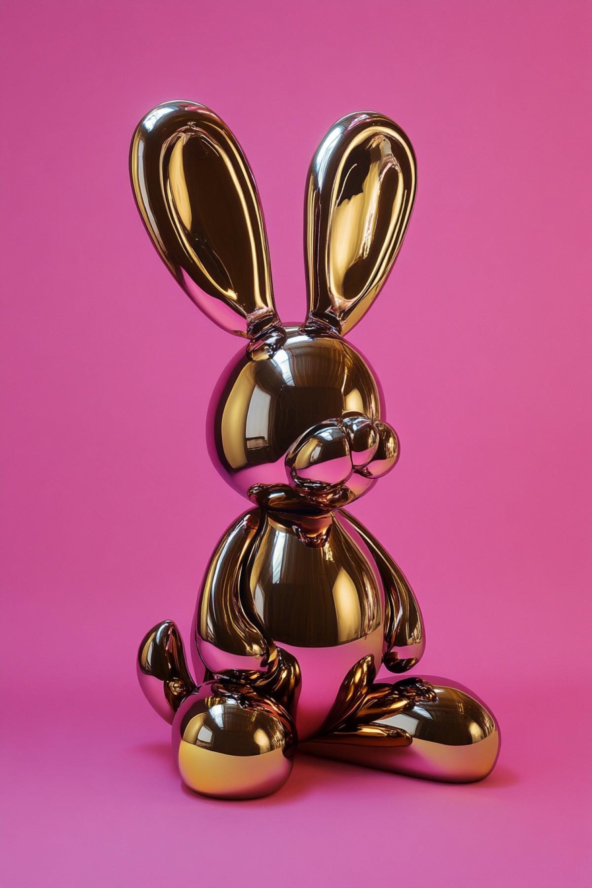 jeff koons dark and gold surreal minimal fantasy animal sculpture, pink background