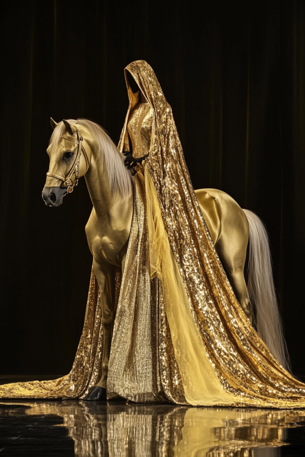 A highly detailed and realistic 3D catwalk model inspired by the dramatic and mysterious style of Golden Glow. The catwalk is set in a dark, minimalist setting dominated by deep gold and platinum tones. A sleek golden horse draped in flowing golden fabric gracefully walks the catwalk, adding a dynamic element to the show. The model is dressed in elegant and avant-garde fashion pieces in rich textured fabrics deep gold, platinum and gold. strut down the catwalk. The lighting is dramatic, casting sharp shadows and highlighting the intricate details of the horses clothing and fabric. The catwalk is long and narrow, with reflective surfaces that enhance the overall sense of depth and drama.