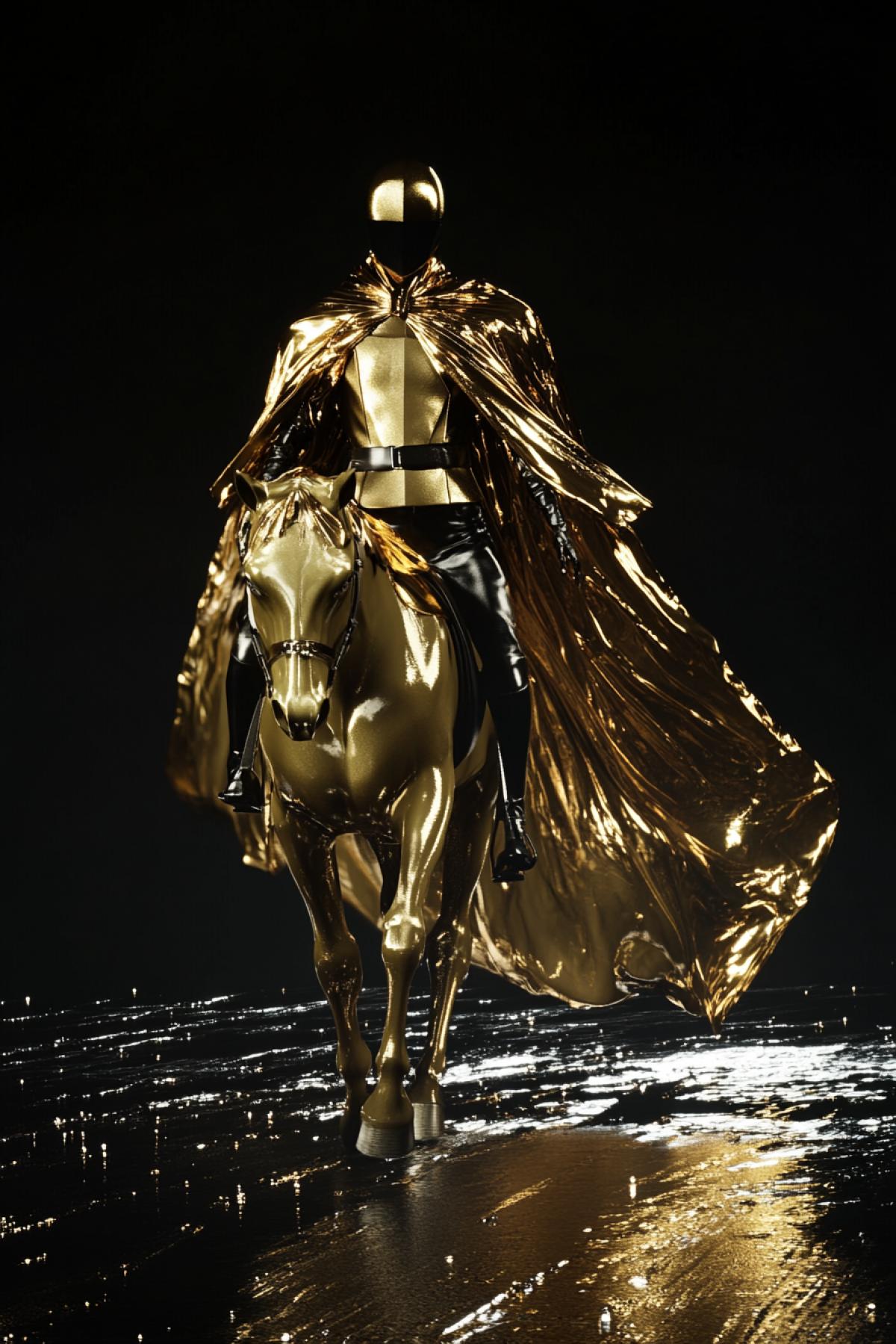 A highly detailed and realistic 3D catwalk model inspired by the dramatic and mysterious style of Golden Glow. The catwalk is set in a dark, minimalist setting dominated by deep gold and platinum tones. A sleek golden horse draped in flowing golden fabric gracefully walks the catwalk, adding a dynamic element to the show. The model is dressed in elegant and avant-garde fashion pieces in rich textured fabrics deep gold, platinum and gold. strut down the catwalk. The lighting is dramatic, casting sharp shadows and highlighting the intricate details of the horses clothing and fabric. The catwalk is long and narrow, with reflective surfaces that enhance the overall sense of depth and drama.