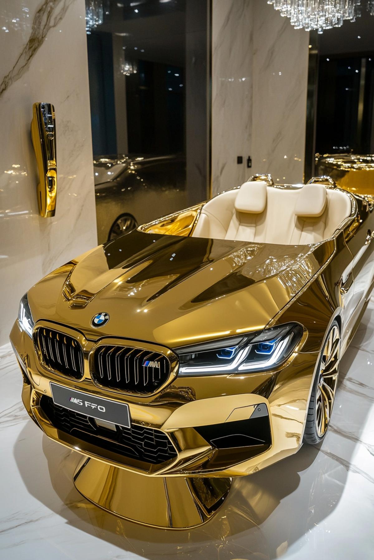 The worlds most luxurious gold bathtub, designed to look like a BMW M5 F90. The bowl is shaped like the front of the car and features iconic BMW elements such as the logo on top. It features chrome accents, a gold and platinum color scheme with gold and crystal details, next to the handbrake caliper-shaped handles made of gold steel. A small reflective scale near the seat shows the license plate in the style of the same car model. There is also a wall-mounted gold hairdryer