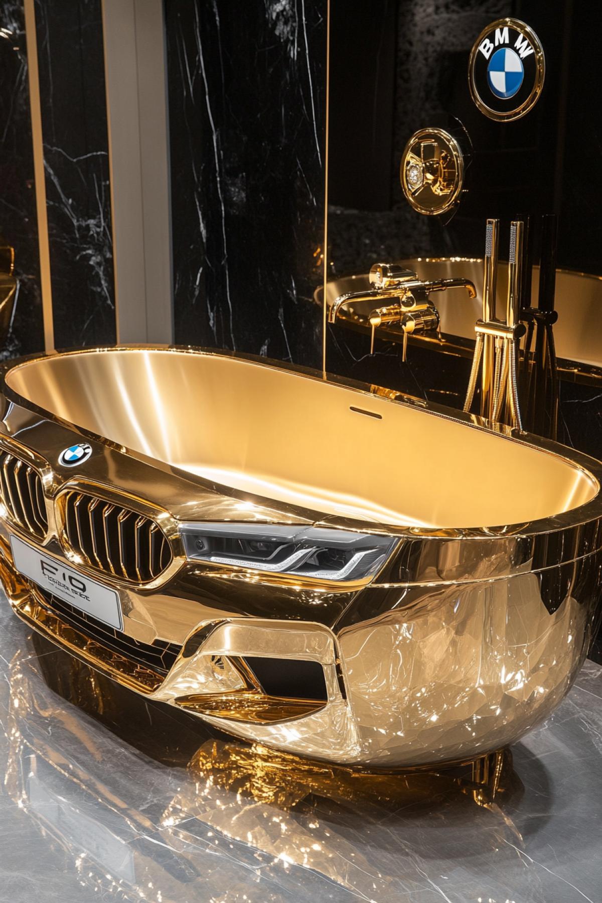 The worlds most luxurious gold bathtub, designed to look like a BMW M5 F90. The bowl is shaped like the front of the car and features iconic BMW elements such as the logo on top. It features chrome accents, a gold and platinum color scheme with gold and crystal details, next to the handbrake caliper-shaped handles made of gold steel. A small reflective scale near the seat shows the license plate in the style of the same car model. There is also a wall-mounted gold hairdryer