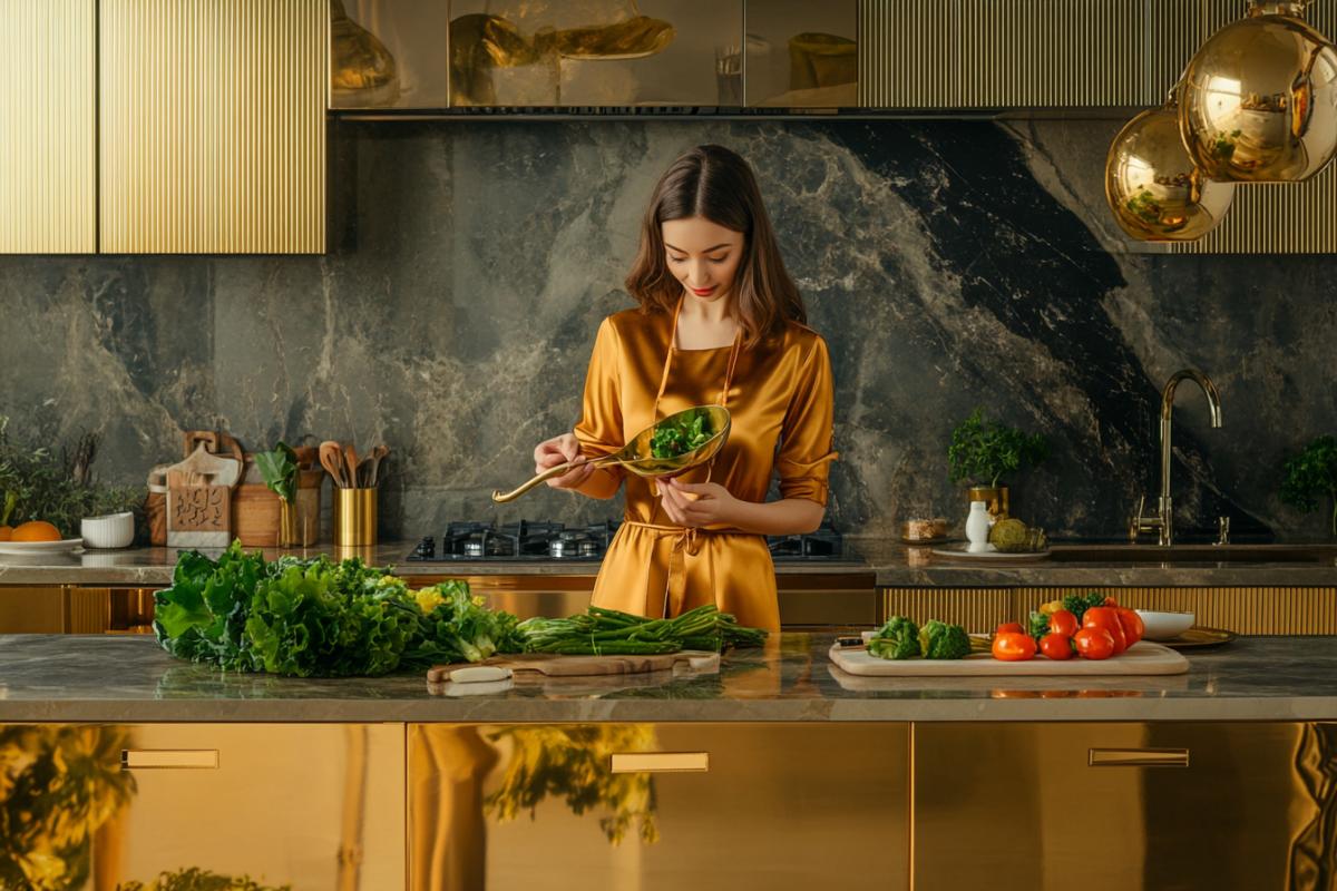 kitchen set made of gold, gold cabinets, gold table. a housewife is standing at the table with a golden ladle, there are greens and bright vegetables on the table