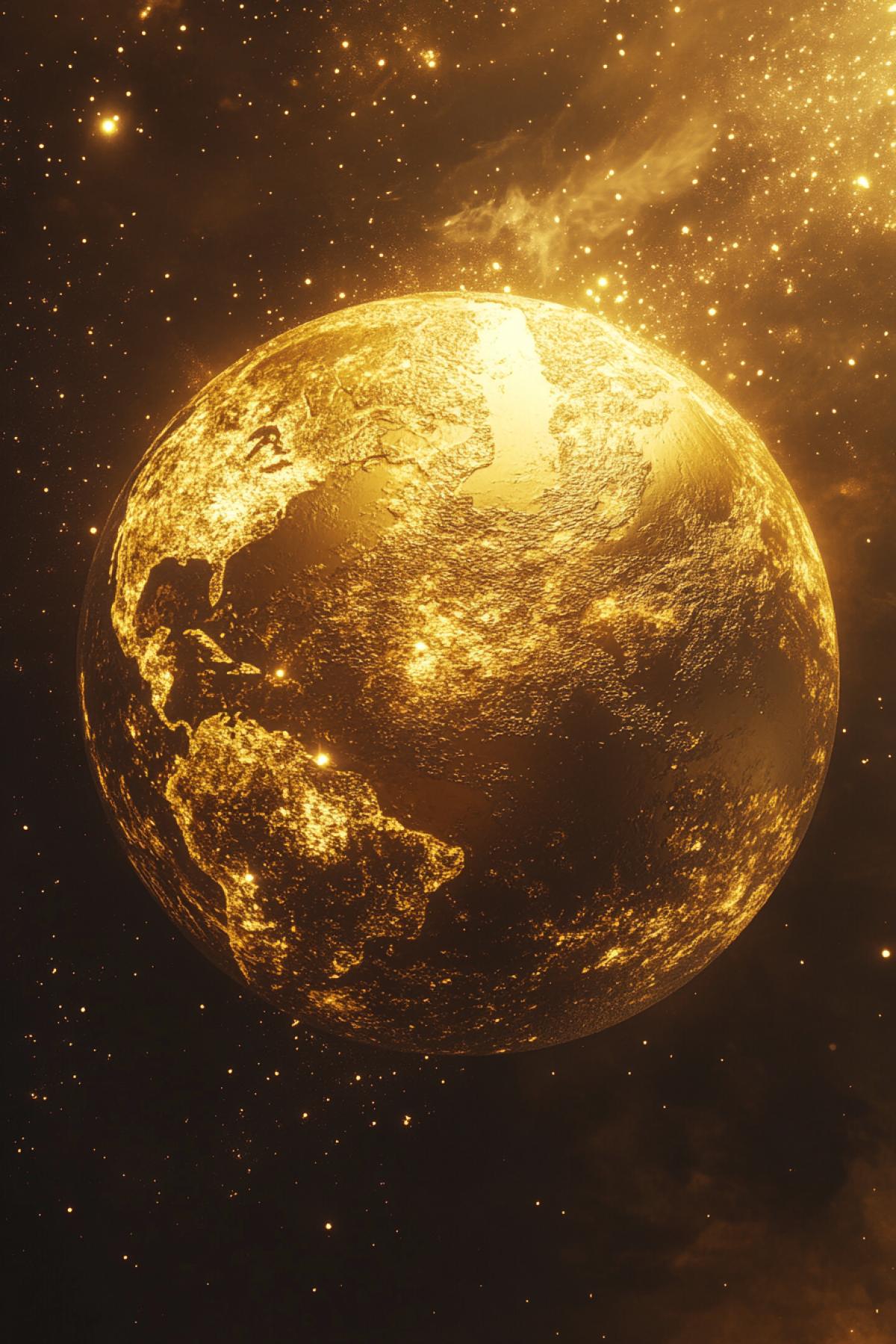Friends planet, planet made of gold, golden world, flickering, realistic image, photoshop