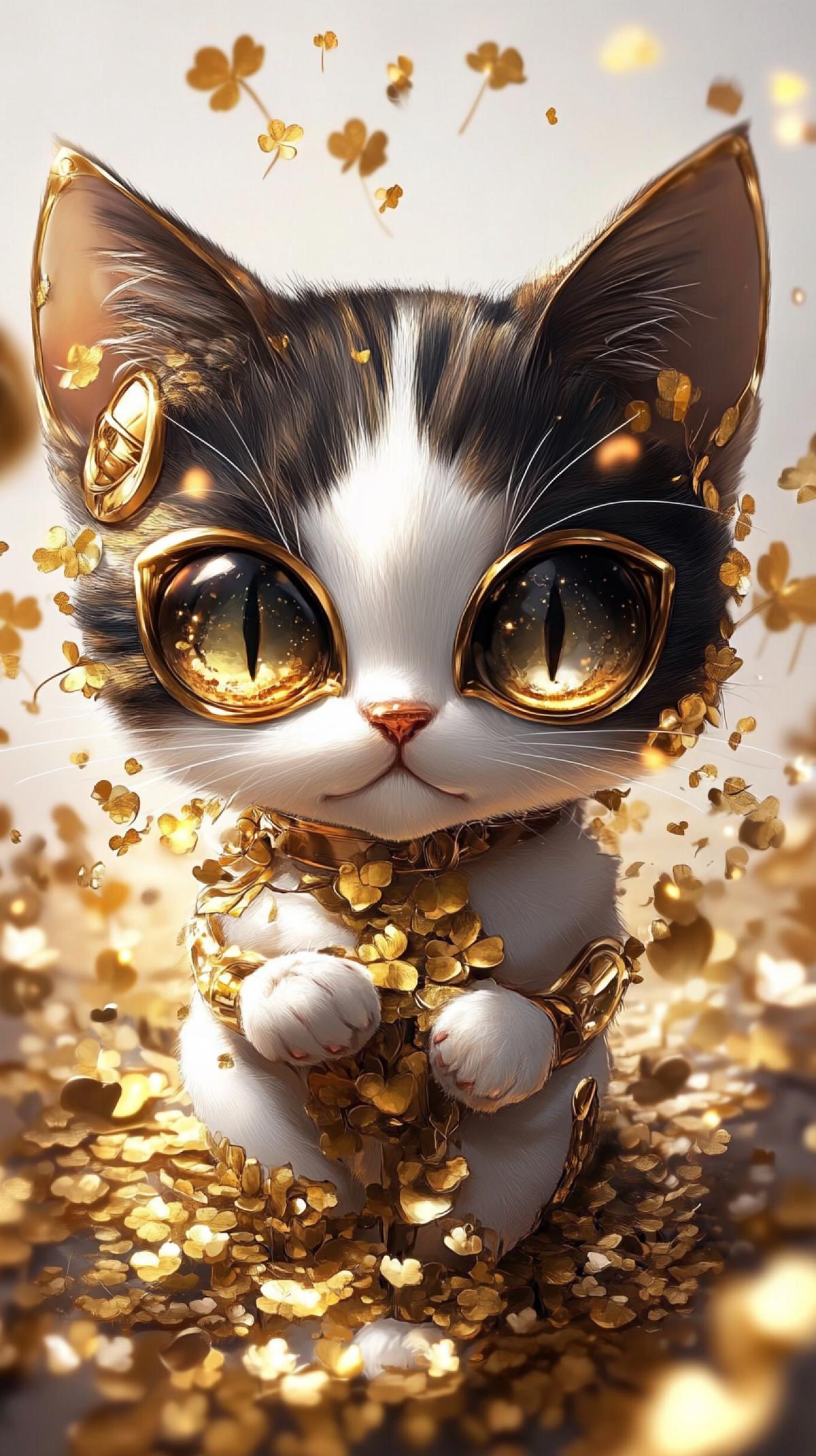 Cute anime cats, huge shiny eyes on a background of golden clover leaves