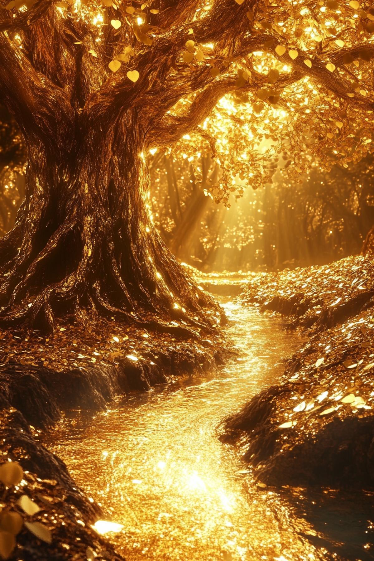 A dense golden forest, where every tree from roots to leaves is made of pure gold. Leaves fall in golden drops to the ground, forming a sparkling carpet. A golden stream flows through the forest, reflecting the bright sunlight, creating dazzling glare. The atmosphere of an unreal fairy tale and dazzling beauty.