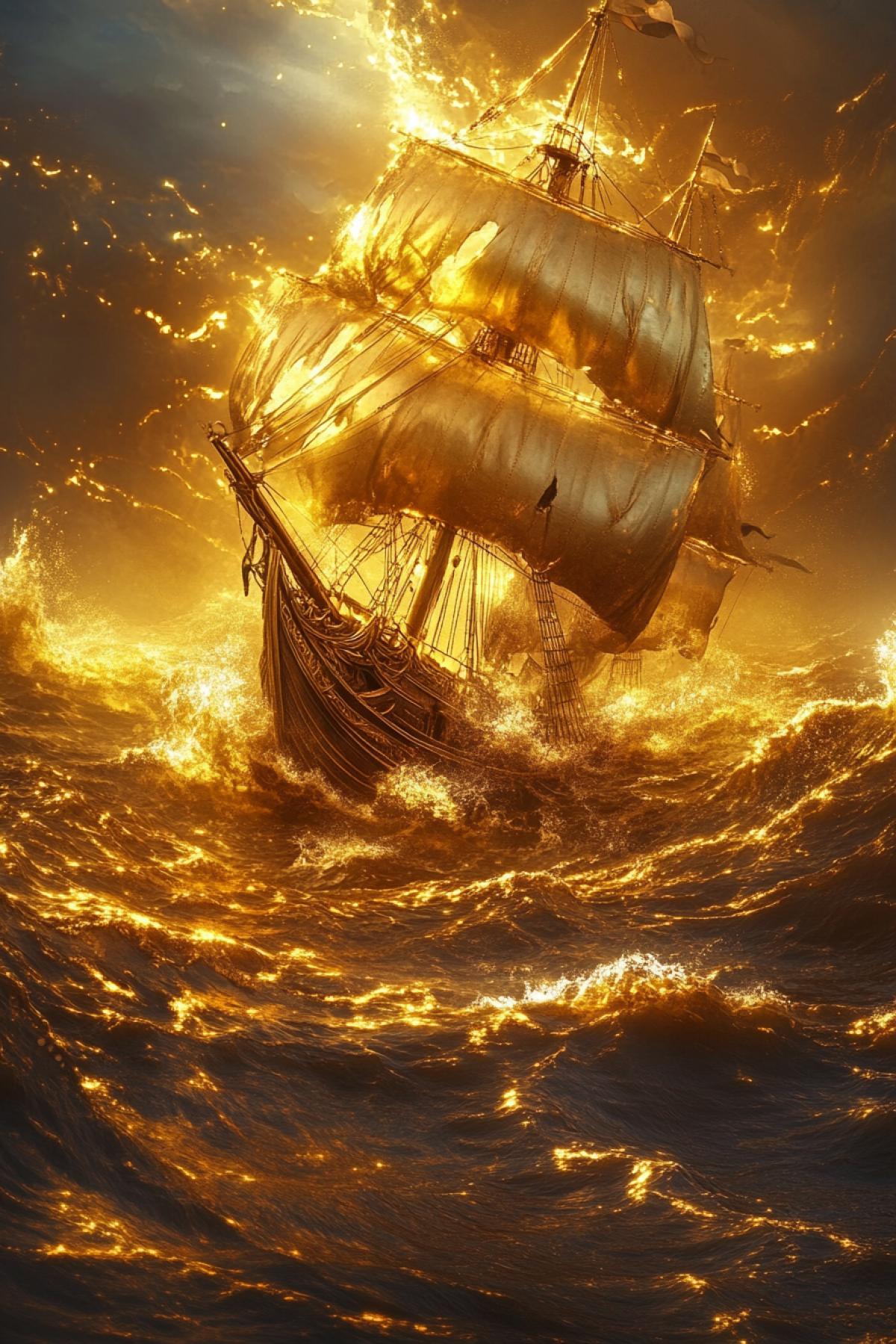 A big golden ocean, where instead of water there is melting gold, and the waves foam in heavy, slow curls. On the surface of the golden ocean wave is a ship, also completely golden, with shining sails and an anchor, which gradually melts and merges with the golden sea. The atmosphere of a majestic but doomed journey.