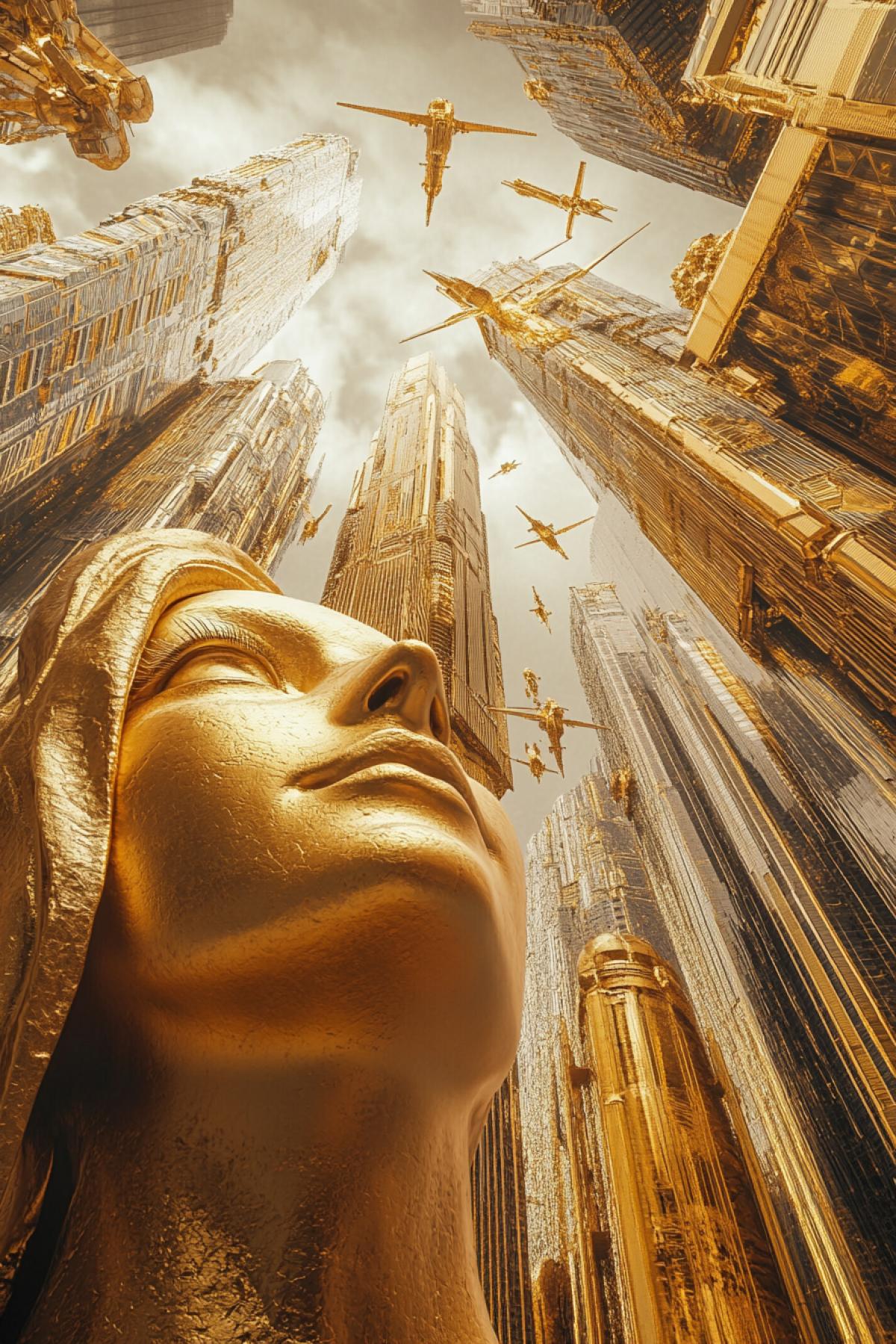 The golden metropolis of the future, skyscrapers of polished gold rise up, shining in the sun. Airways and bridges intertwine buildings like golden threads. Golden flying cars and drones move between the towers. On the streets there are golden statues of people and robots, stopped in perpetual motion.