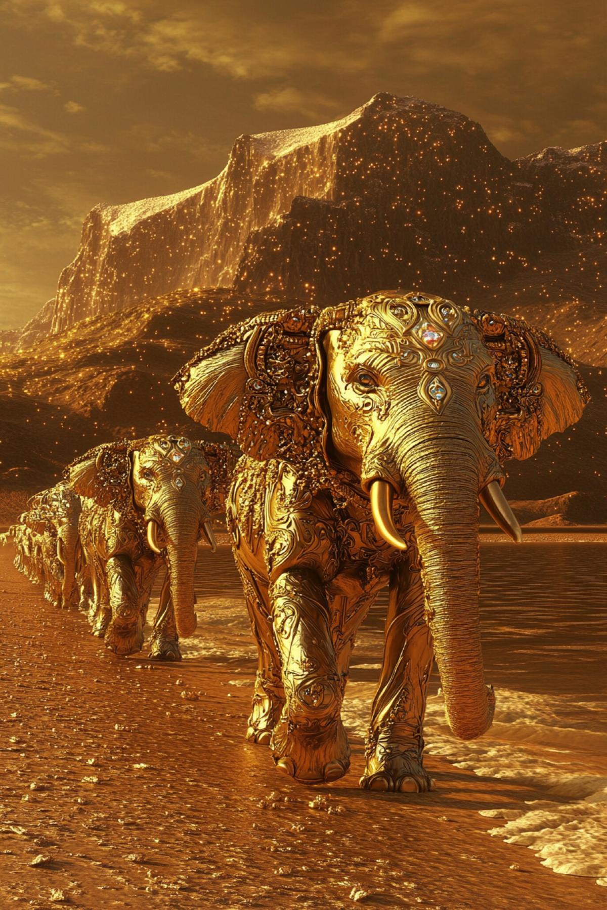A herd of golden elephants walking along the golden savannah. Their golden skin glistens in the sun, and their ears and tusks are decorated with ancient patterns and precious stones. Behind them is a golden lake, and on the horizon is a majestic mountain sparkling with gold. The elephants walk slowly and solemnly, creating the feeling of an ancient beautiful ritual.