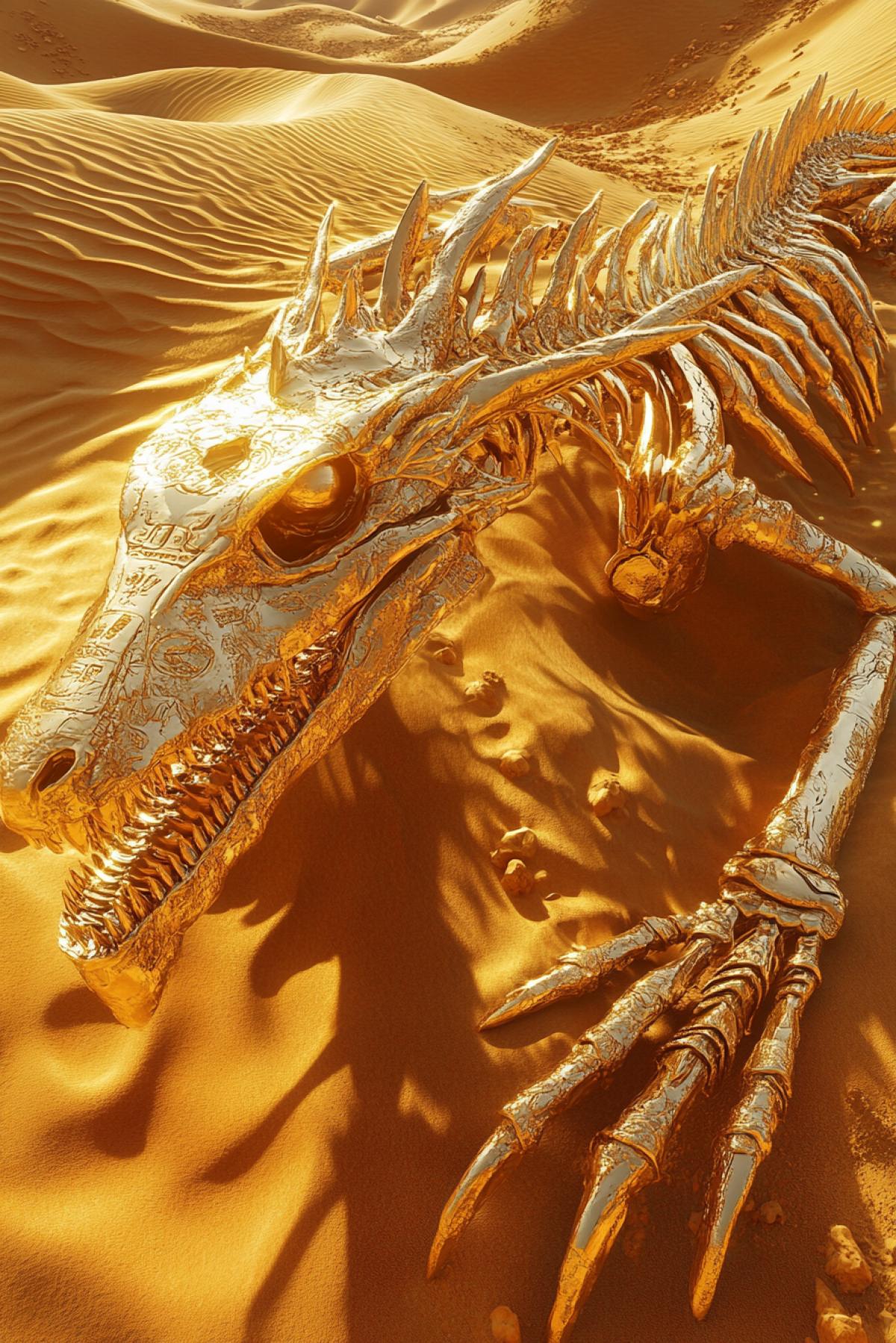The skeleton of an ancient dragon, entirely made of pure gold, found in the middle of the desert. Golden bones sparkle under the scorching sun, creating a blinding shine. Each edge has intricate engravings and ancient symbols. Around the dragon are golden dunes swaying in the wind, and in the distance a mirage of a golden oasis.