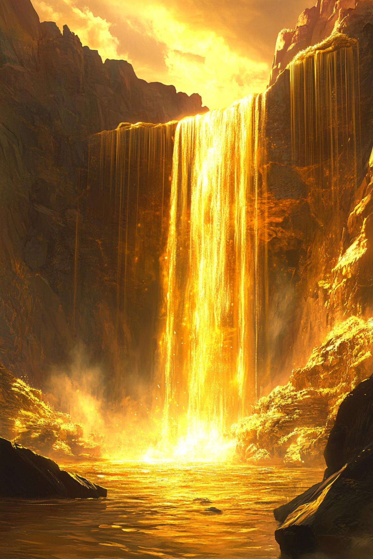 A big golden waterfall flowing from a cliff into an endless golden ocean. Every drop of water shimmers and sparkles like liquid gold. On the rocks around the waterfall you can see golden caves from which golden plants grow. Golden clouds hang over the waterfall, creating an atmosphere of magical calm and grandeur.