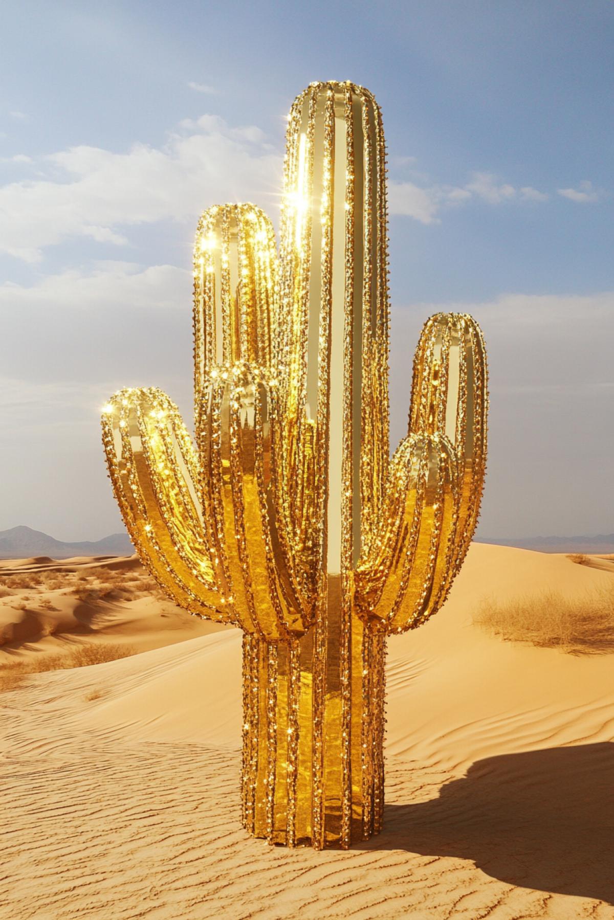 A giant golden cactus growing in the middle of the desert, as tall as a skyscraper. Its golden thorns sparkle in the sun, and its golden flowers open, releasing a scent that attracts golden butterflies. Around the cactus are golden sand dunes that roll in waves in the wind, creating a feeling of movement and radiance.