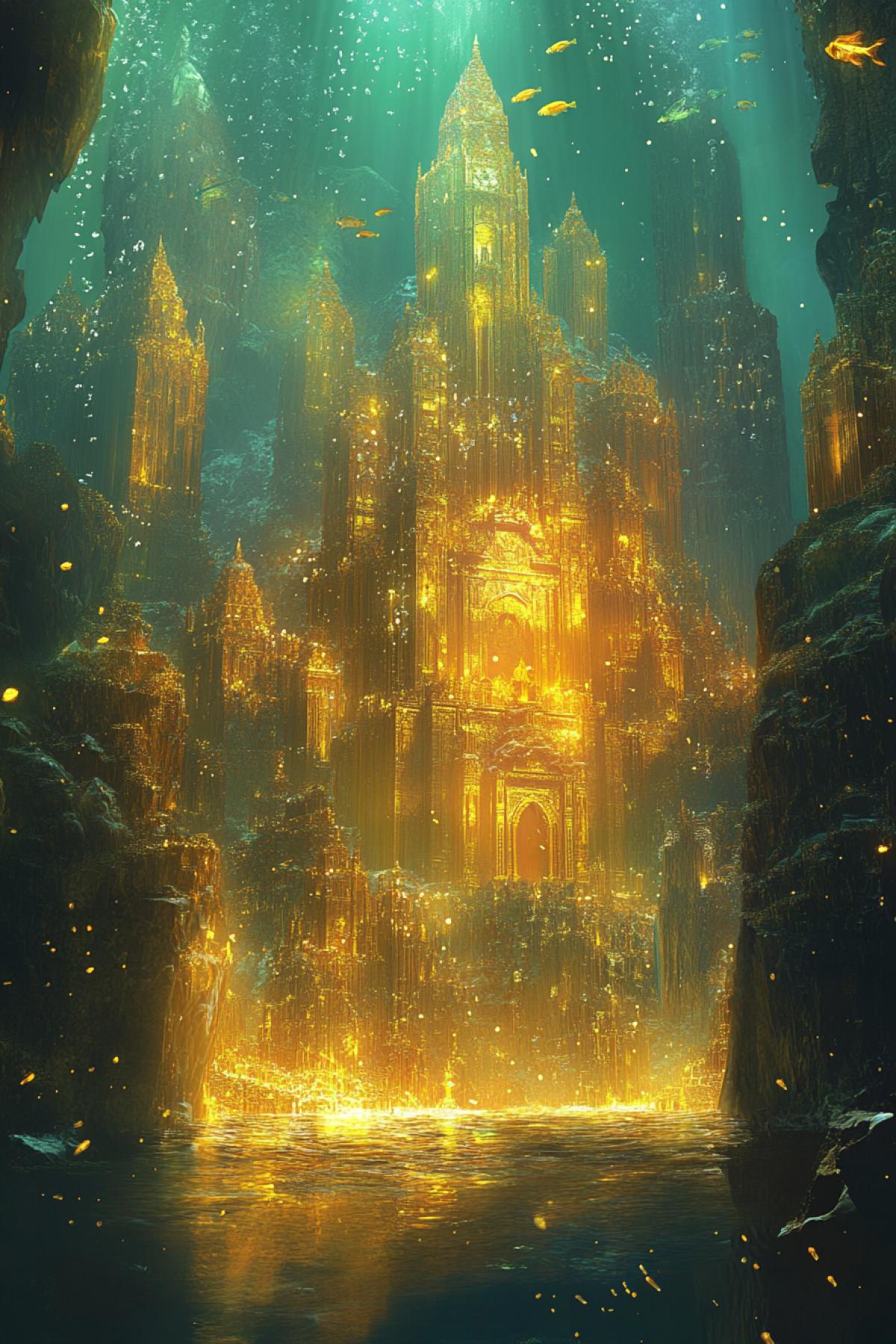A golden underwater cave with massive golden stalactites and stalagmites shining underwater. In the center of the cave is an ancient golden temple surrounded by golden corals. Golden fish and sea creatures swim around, leaving glowing trails behind them. Air bubbles rise from the depths, shimmering like liquid gold.