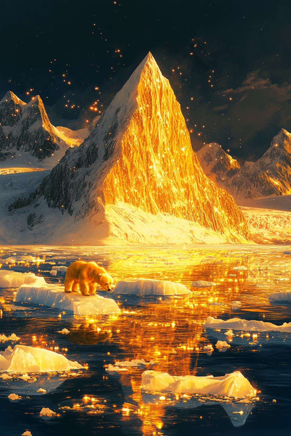 A big golden glacier melting under the golden polar sun. Golden icebergs float in the dark golden blue sea, colliding with each other and creating the glitter of a million golden sparks. On one of the icebergs, a golden bear searches for fish in waters that resemble molten gold. Golden mountains with snow-capped peaks are visible on the horizon.