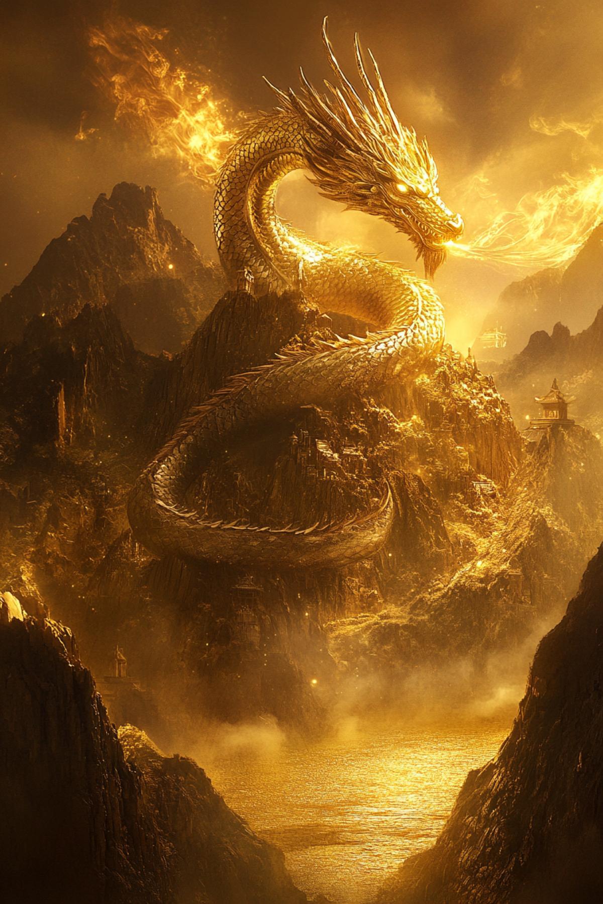A giant golden dragon curled around a golden mountain, its scales shimmering with different shades of gold in the sun. At the foot of the mountain is a golden lake, from which soft waves of light emanate. Golden smoke emerges from the dragons mouth, rising into the sky, creating a feeling of mythical peace and strength.
