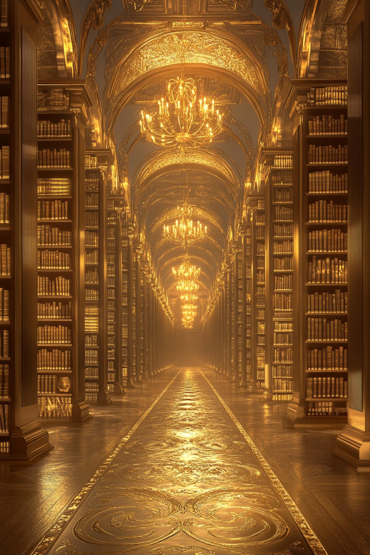 A golden library with endless rows of golden bookshelves. Each book is made of pure gold, the pages are thin, as if gold has been turned into silk. Golden chandeliers hang from the high ceiling and the light bounces off the walls and books to create a soft glow. There is a gold runner with patterns on the floor, and gold librarian robots carefully arrange books.