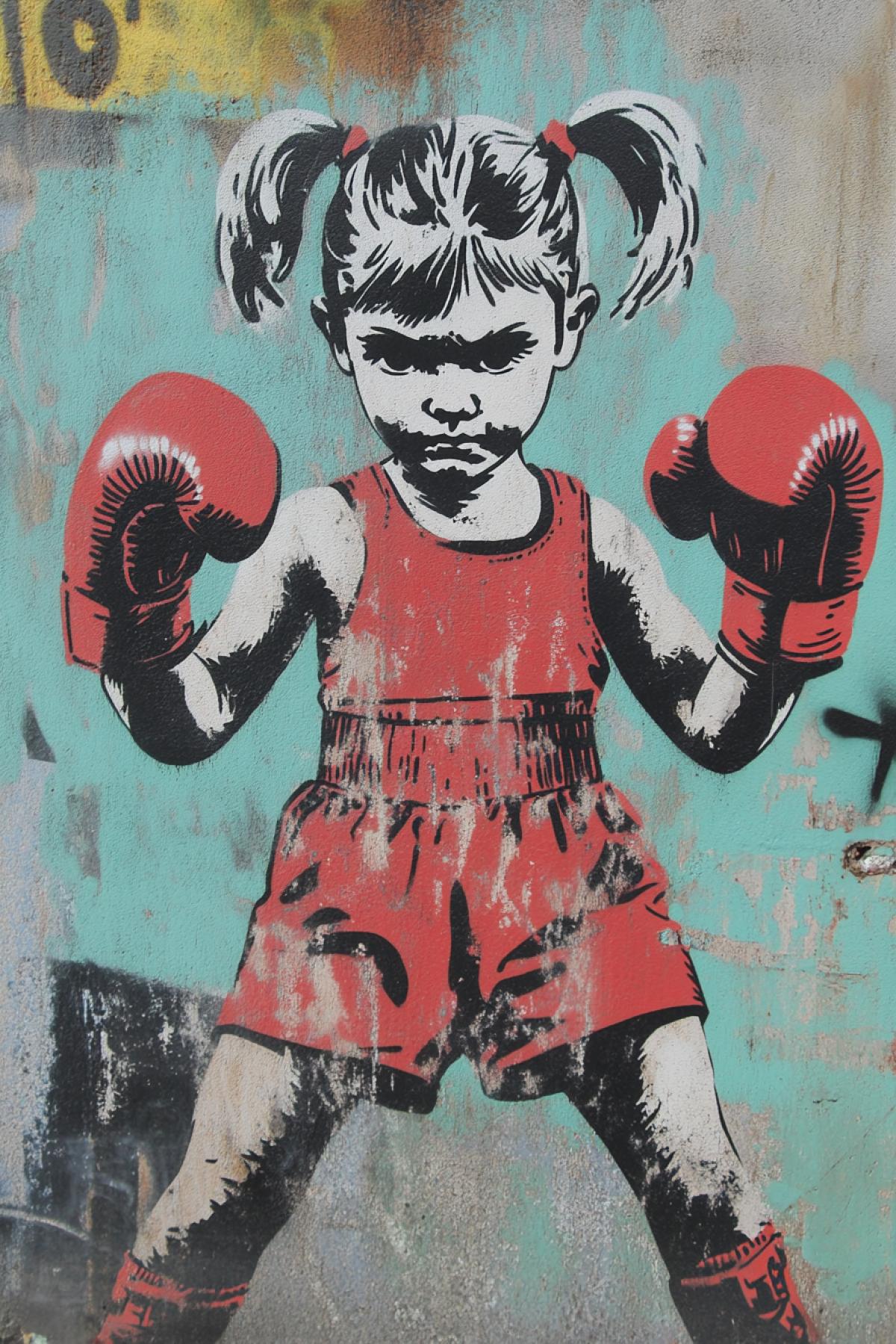 A little girl with pigtails in boxing gloves has her hands up, a big pumped up man-boxer is lying at her feet. Banksy-style graffiti.