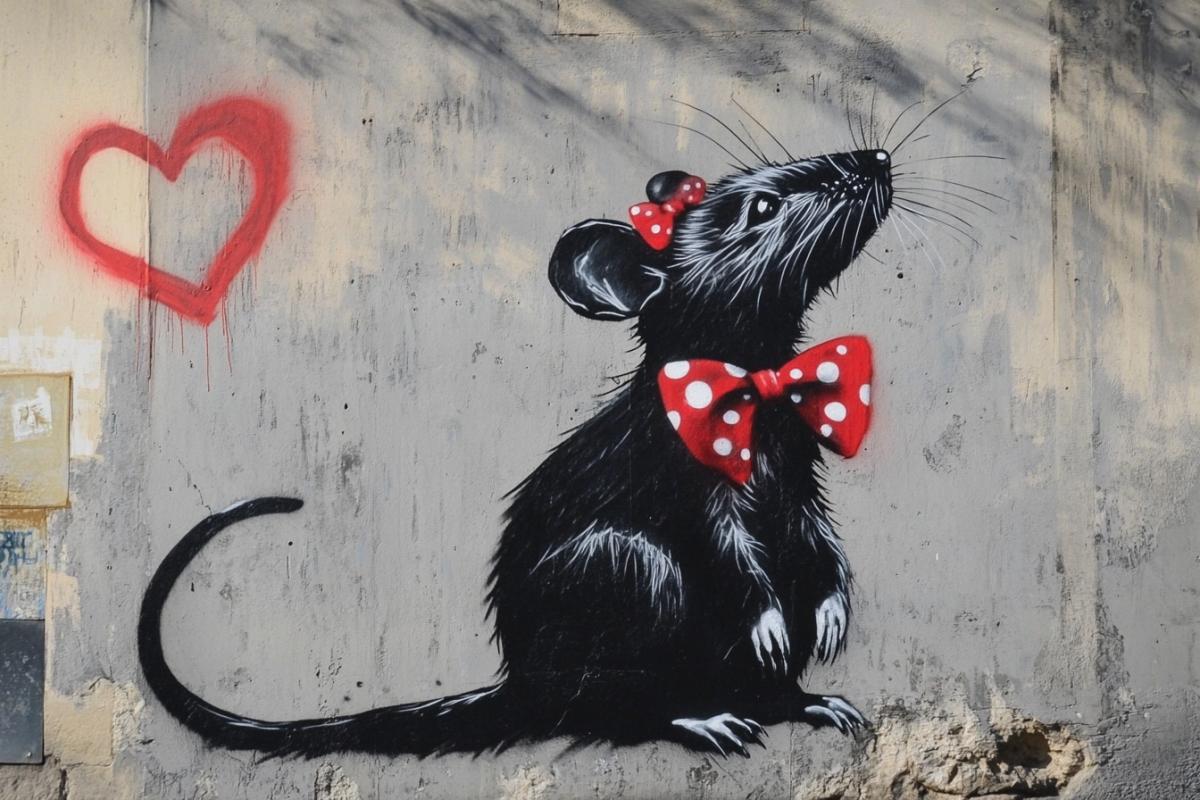 Banksy presents new works in Paris, France, on a gray graffiti wall of a dark rat with a red bow with white polka dots, with a heart outlined in gray paint above his head