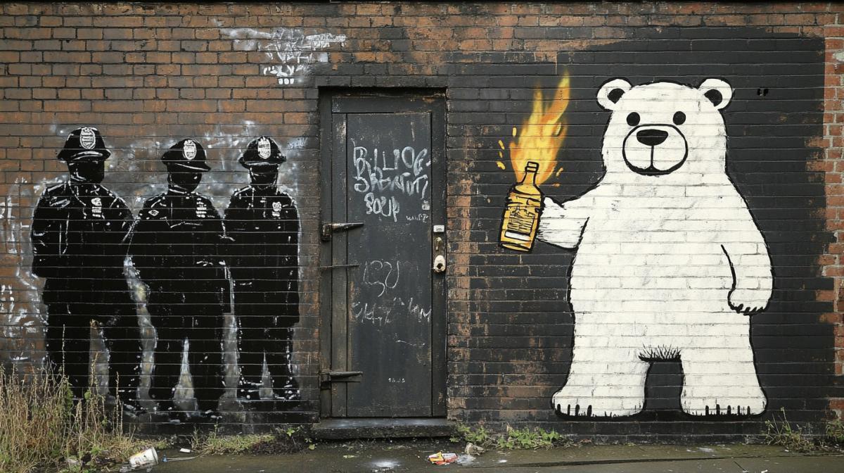 An inscription on the wall with a graffiti image, where three dark policemen in a 19th century uniform with police shields, flashlights, knock on a painted door, where further on the wall there is an image of a large cartoon polar bear, in whose paw a bottle is clamped, from the neck of which fire is drawn