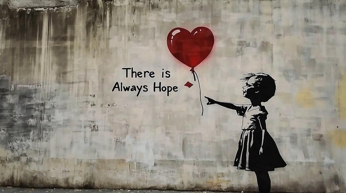 The inscription on the wall \"There is Always Hope\", which depicts a graffiti silhouette of a girl with a short haircut, stretches out her hands from which the wind has torn out a red heart-shaped balloon