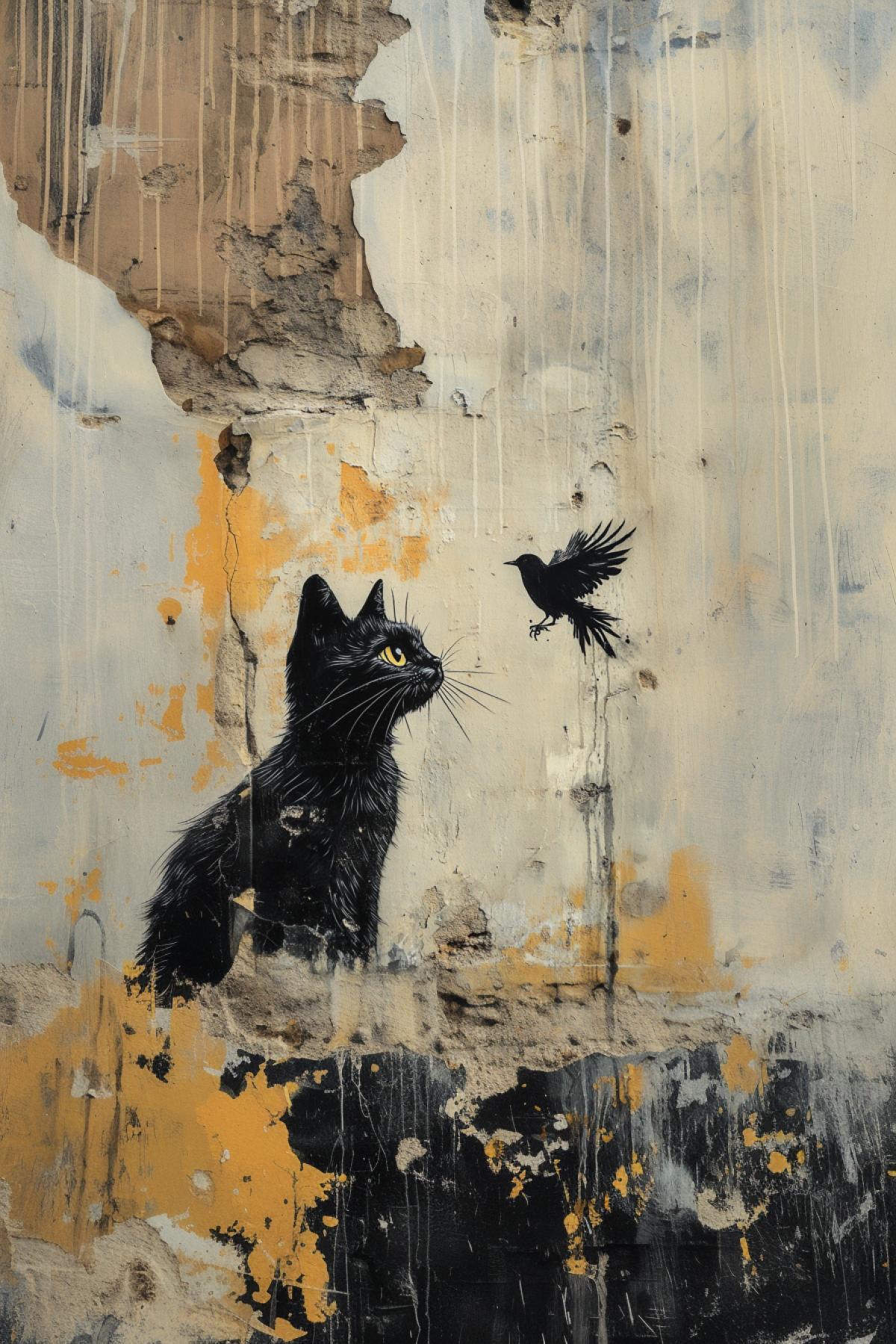 Graffiti cat hunting a bird, Graffiti in the spirit of Banksy, flickering, photoshop