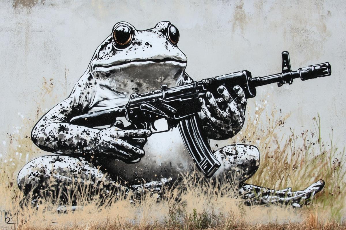 Frog with a machine gun, dark and white stencil drawing on the wall of an old house, Banksy style graffiti